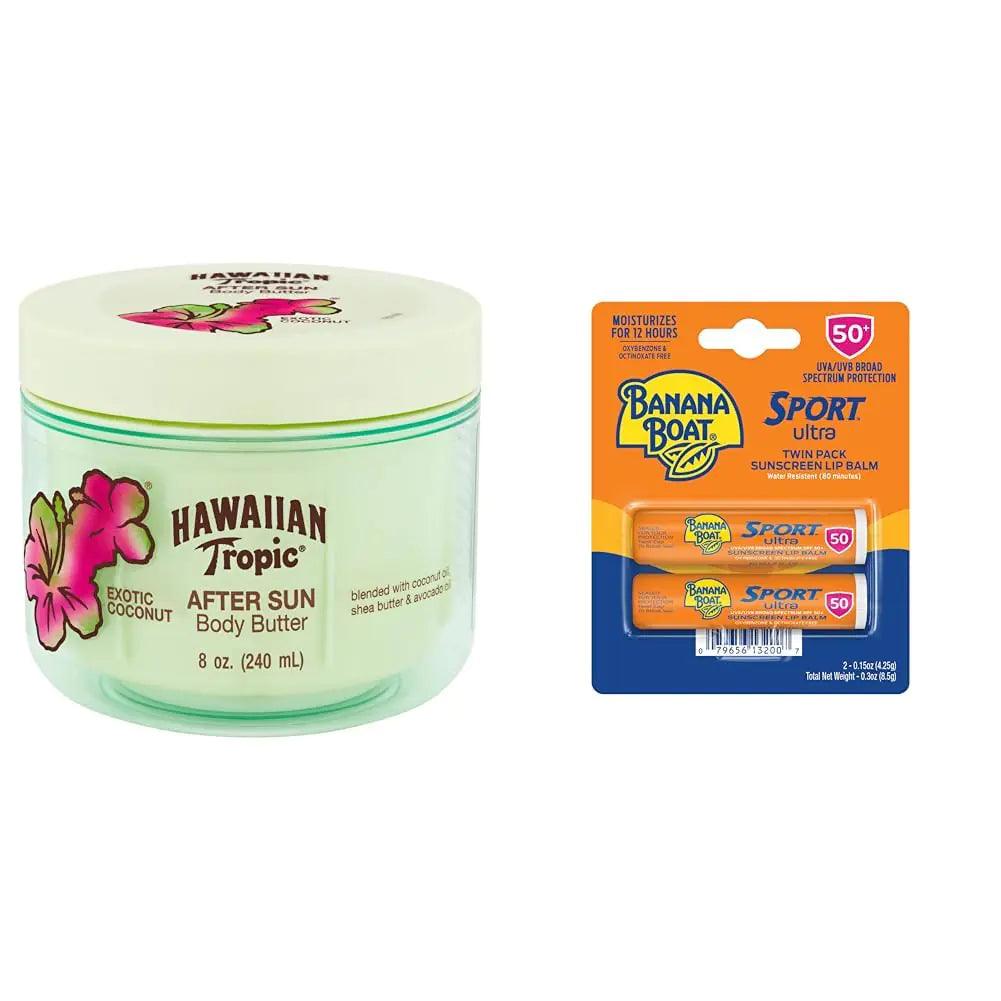 Hawaiian Tropic After Sun Body Butter with Coconut Oil, 8oz & Banana Boat Sport Ultra SPF 50 Lip Sunscreen Twin Pack | After Sun Lotion & Lip Balm Bundle 8 Fl Oz (Pack of 1) After Sun+ Lip Balm, SPF 50 - Evallys.com # #