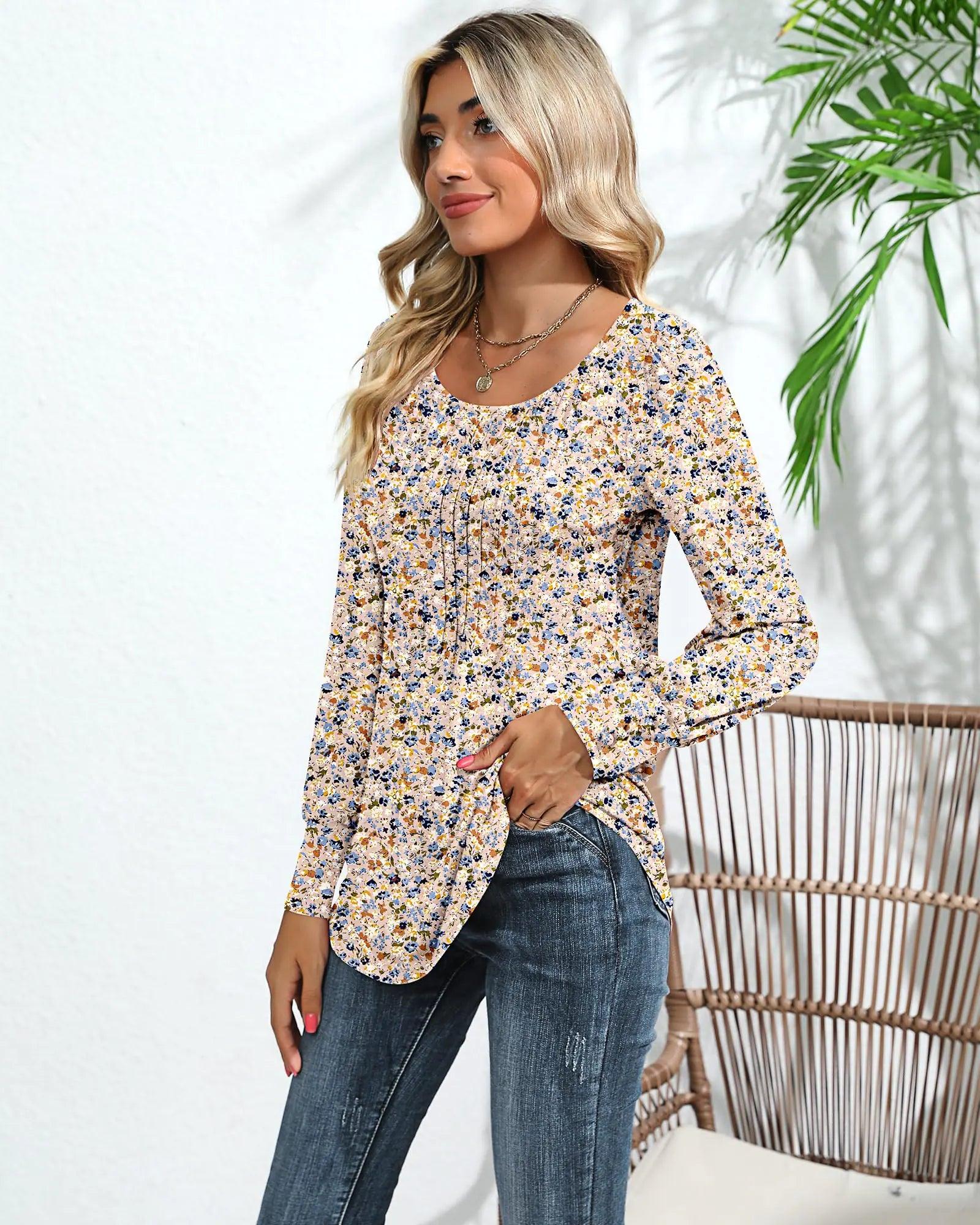 Ficerd Women's Puff Long Sleeve Tunic Tops Pleated Crew Neck Blouses Dressy Casual Loose Fit Fall and Winter Shirts Pink Floral Large - Evallys.com