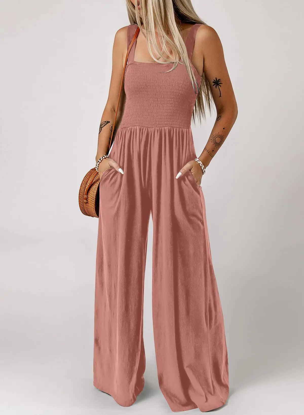 Dokotoo Women's Casual Loose Overalls Jumpsuits One Piece Sleeveless Wide Leg Long Pant Rompers With Pockets X-Small Rose Pink - Evallys.com # #