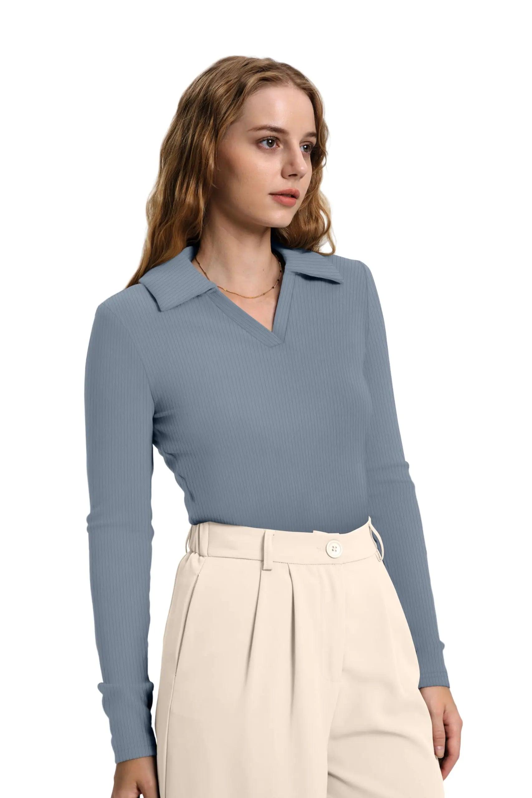 WIHOLL Womens Polo Shirts Long Sleeve Business Casual Tops Collared V Neck Ribbed Knit Sweater Slim Fit Blouses Dusty Blue Small - Evallys.com # #