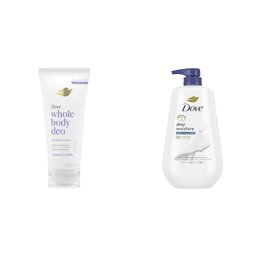 Dove 72h Full Body Deodorant Cream Coconut Vanilla 2.5 oz & Deep Moisture Body Wash Dry Skin Pump 30.6 oz Deodorant + Body Wash, Deep Moisture - Evallys.com # #