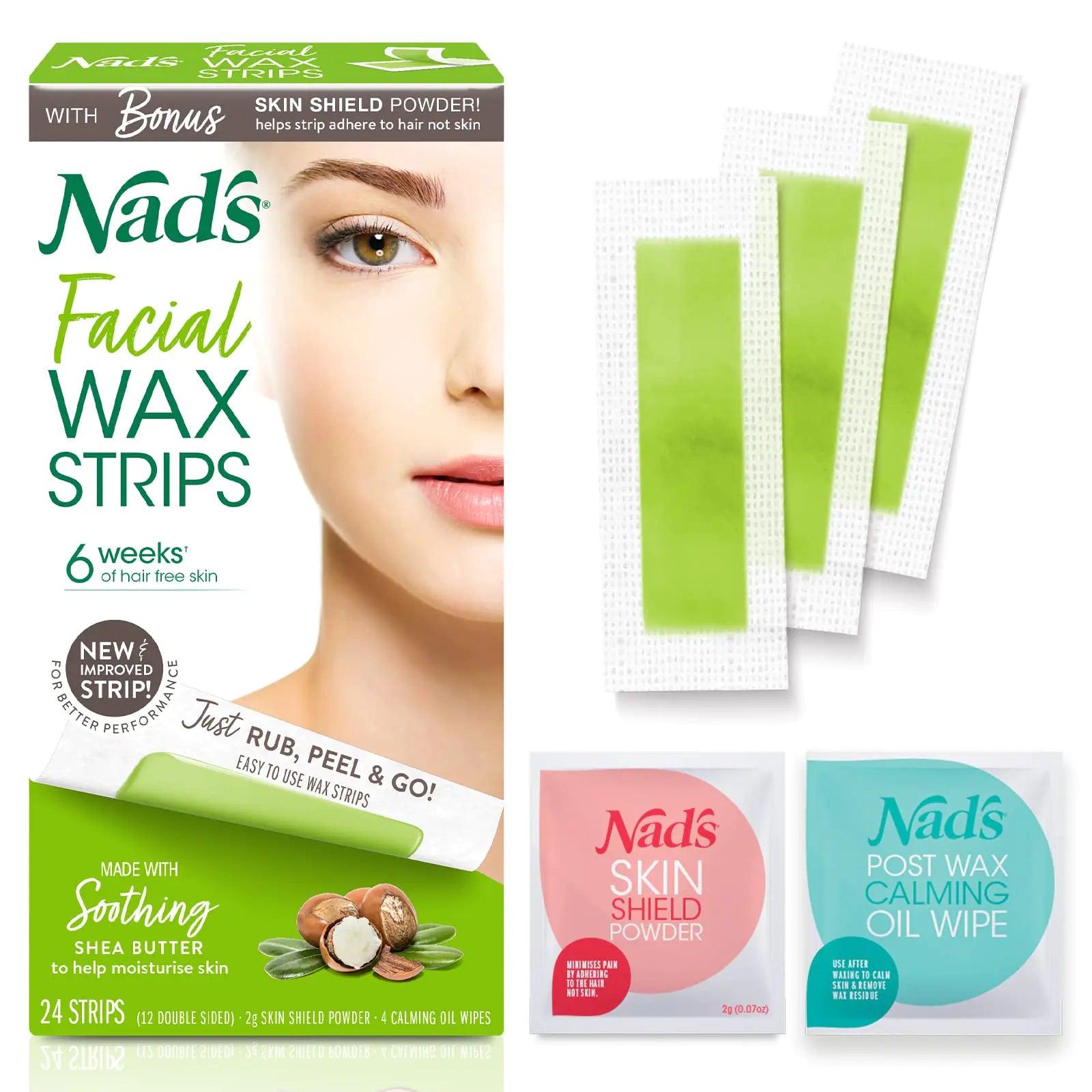 Nad's Facial Wax Strips - Facial Hair Removal for Women - Waxing Kit With 48 Face Wax Strips + 8 Calming Oil Wipes + Skin Protection Powder - Evallys.com # #