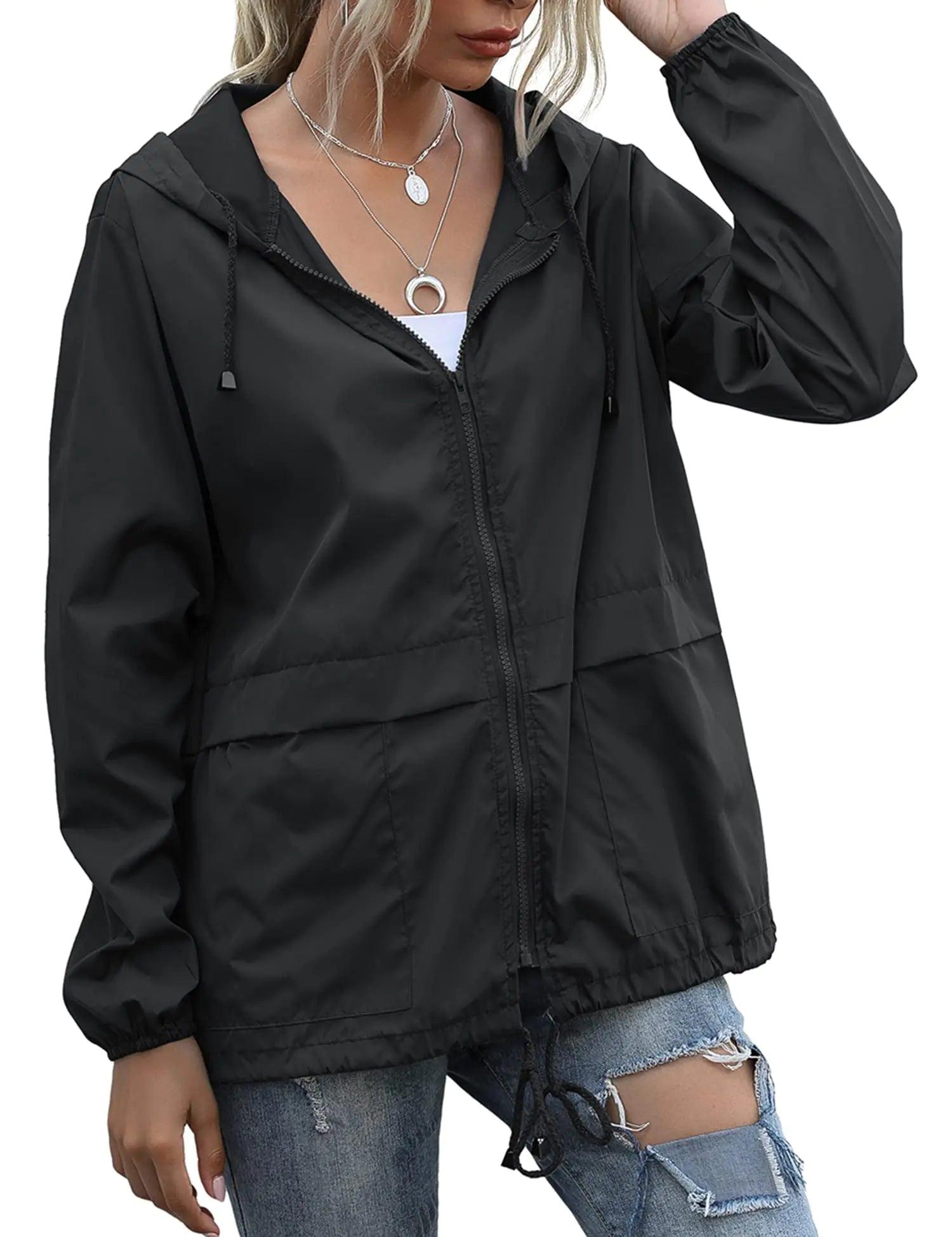 Women's Raincoats Lightweight Waterproof Windproof Adjustable Windbreaker Rain Jackets Hooded with Pockets S-XXL XX-Large Zipper Black - Evallys.com # #