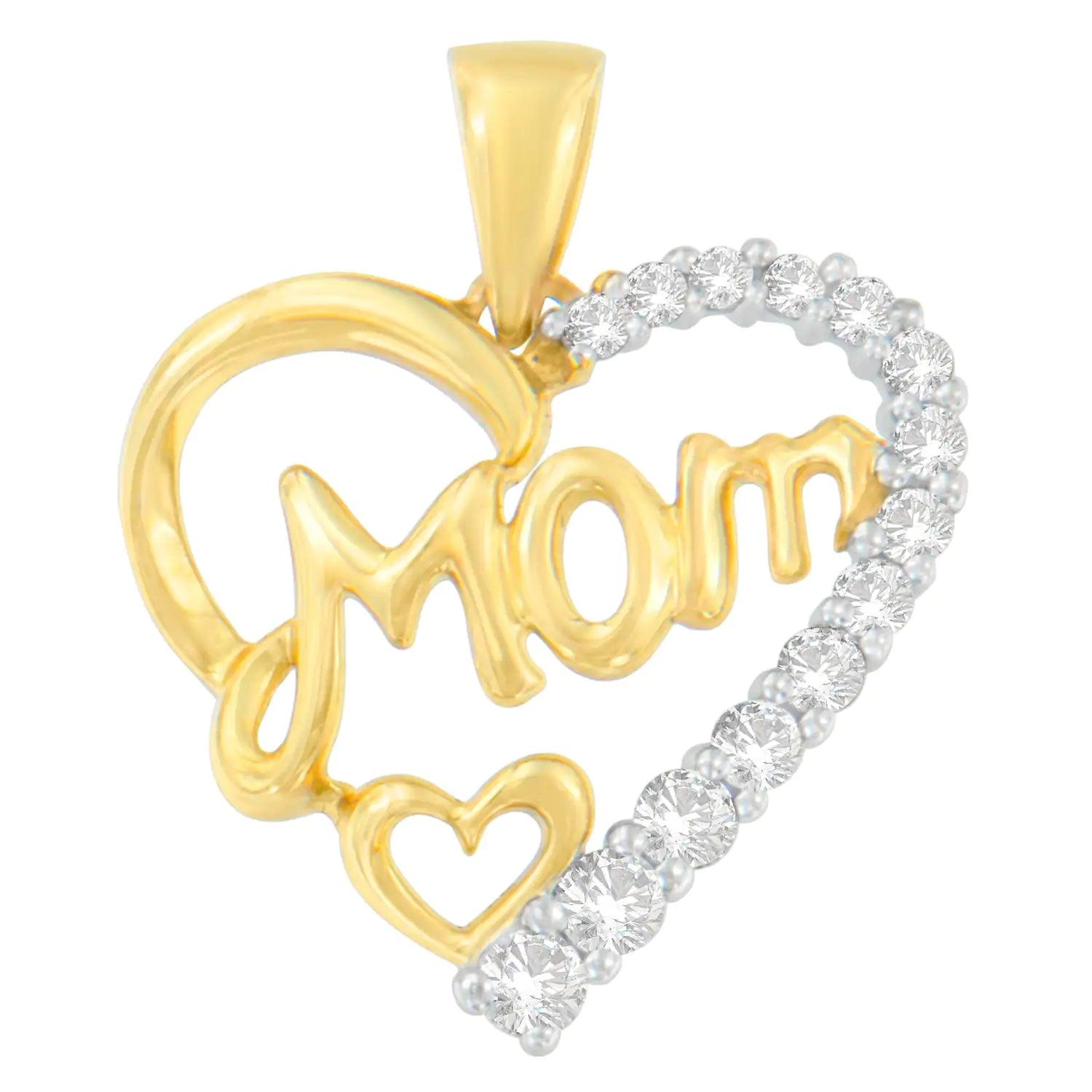 10K Yellow Gold Round Cut Diamond Mom Heart Pendant Necklace (0.25 cttw, H-I Color, I1-I2 Clarity) - Evallys.com # #