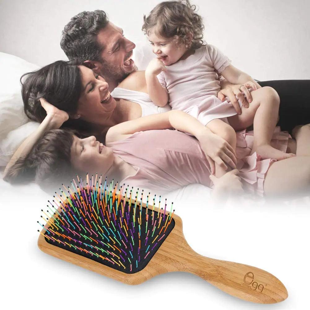 BLACK EGG Paddle Detangling Hair Brush for Women Girls, Rainbow Nylon Brush for Thick Thin Curly Hair, Includes Wooden Detangler Comb and 3 Hair Ties - Evallys.com # #