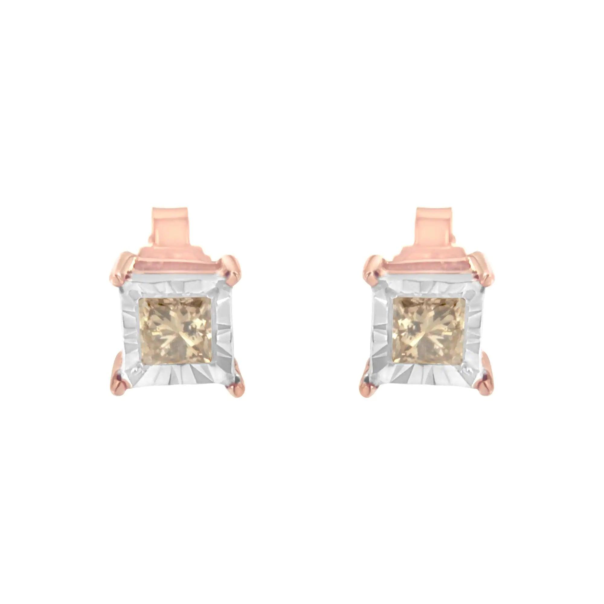 14K Rose Gold Plated Two-Tone .925 Sterling Silver 1/2 Cttw Princess-Cut Square Diamond Solitaire Miracle-Plate Stud Earrings (K-L Color, I2-I3 Clarity) - Evallys.com # #