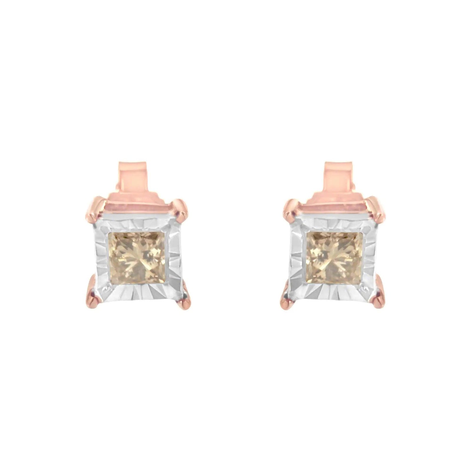 14K Rose Gold Plated Two-Tone .925 Sterling Silver 1/2 Cttw Princess-Cut Square Diamond Solitaire Miracle-Plate Stud Earrings (K-L Color, I2-I3 Clarity) - Evallys.com # #