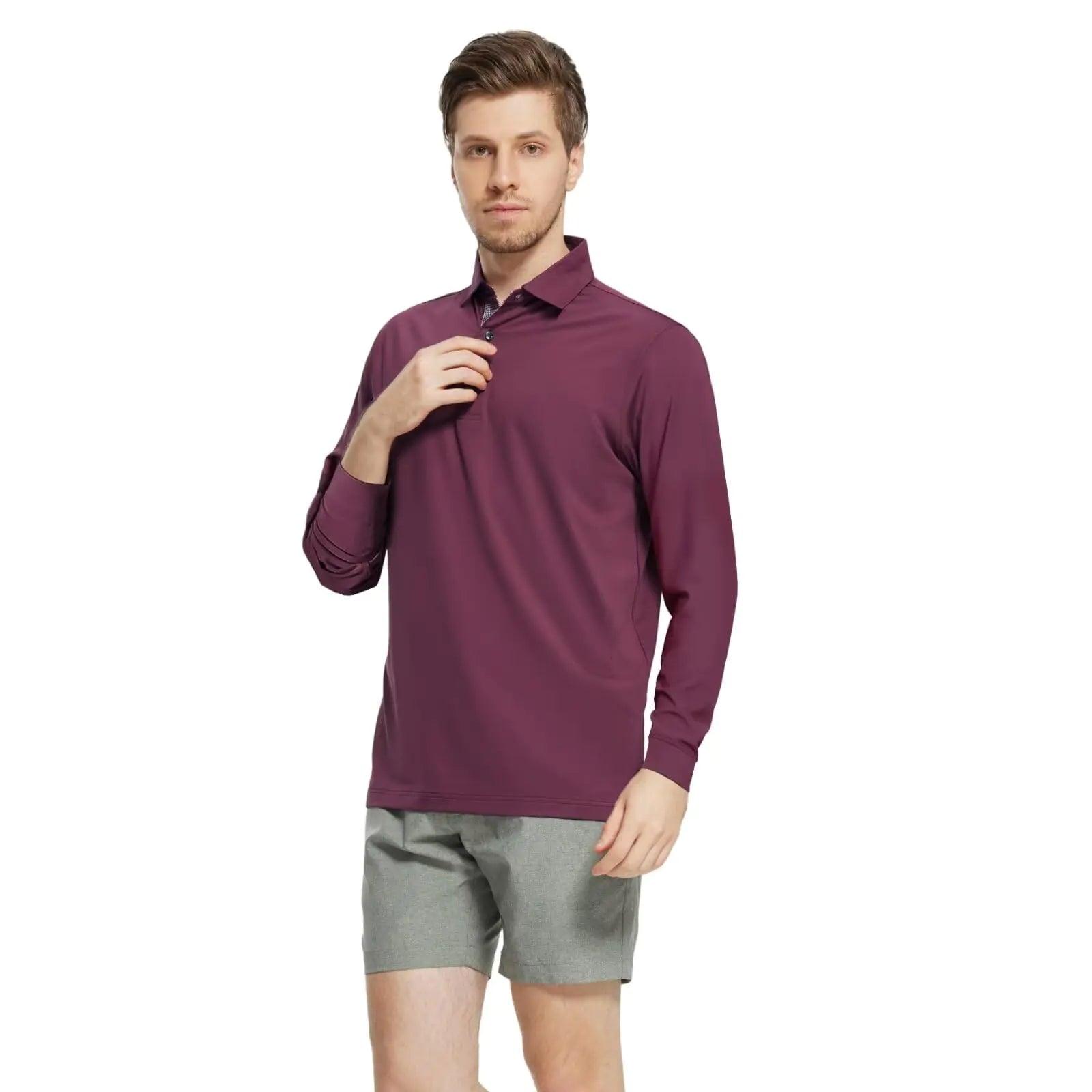 Mens Polo Shirts Short and Long Sleeve Casual Solid Stylish Dry Fit Performance Designed Collared Golf Polo Shirts for Men Medium Bordeaux Red-long - Evallys.com # #