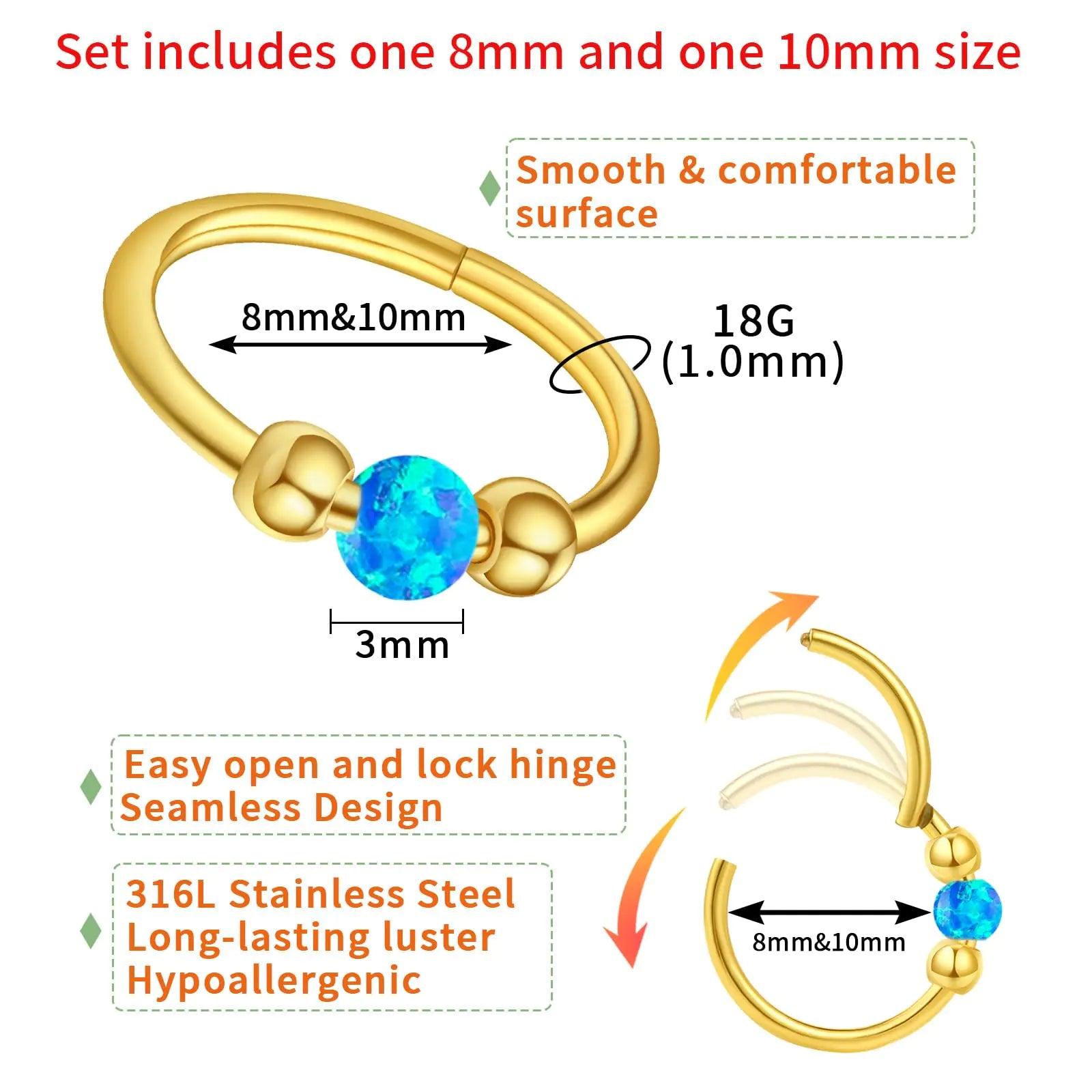 2PCS 18g Opal Nose Rings for Women Nose Hoops 8mm/10mm 316L Surgical Steel Nose Rings Piercing Jewelry Can Be Used as a Nose Ring, Septum Ring, and Cartilage Earring 2pcs-Gold-Blue opal 8mm10mm - Evallys.com # #