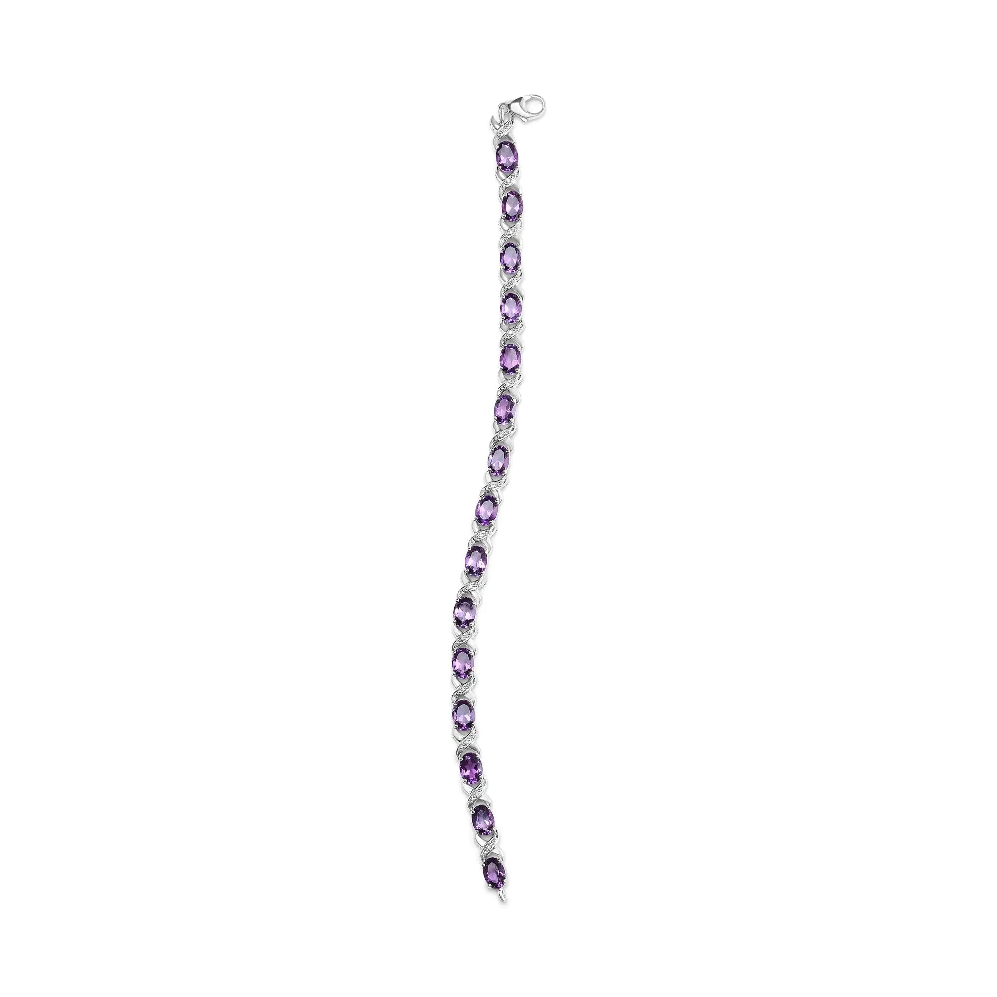 .925 Sterling Silver 7x5mm Oval Amethyst and Diamond Accent X-Link Bracelet (H-I Color, SI1-SI2 Clarity)  - Size 7" - Evallys.com # #