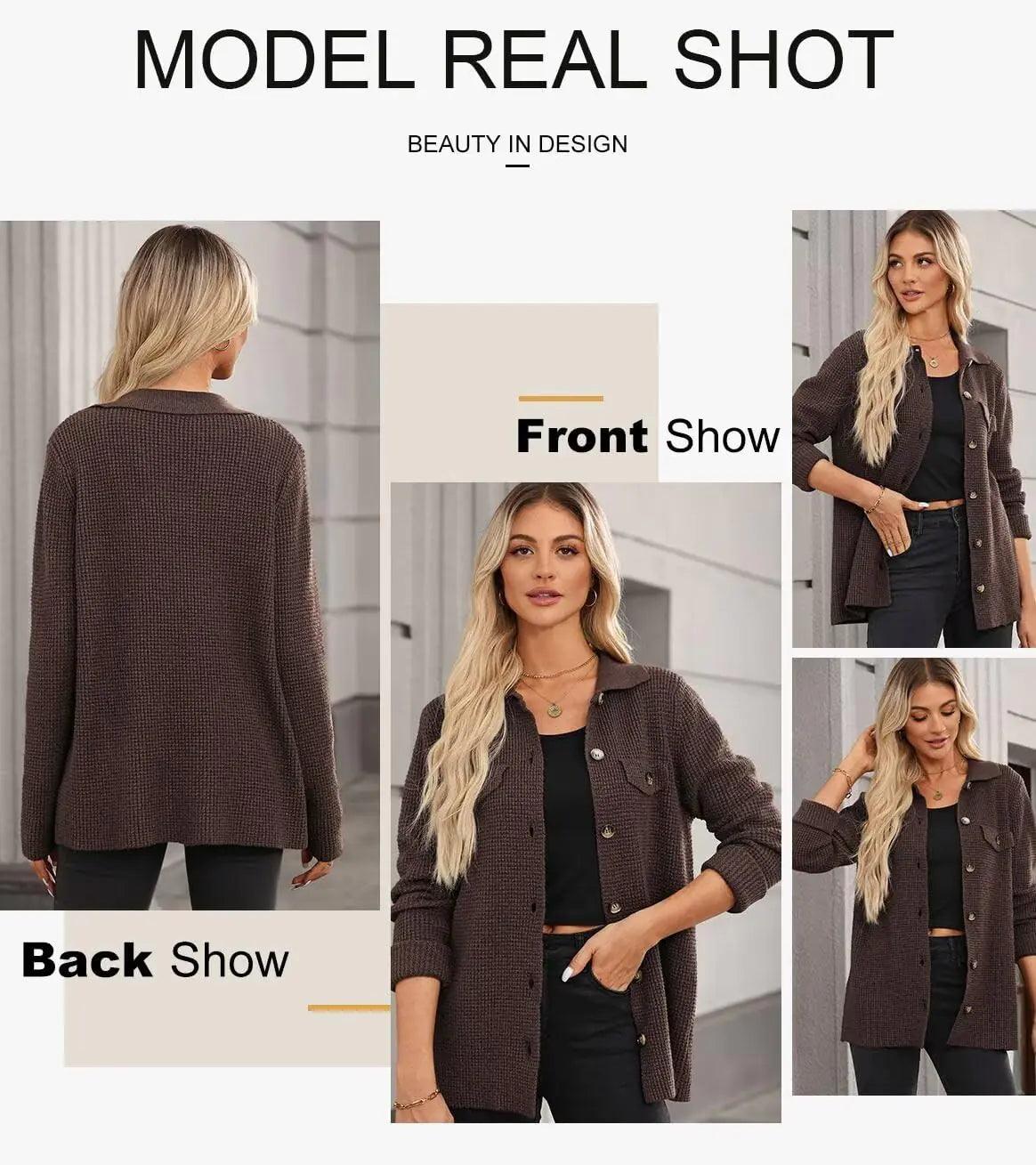 Astylish Women 2024 Waffle Knit Shacket Jacket Casual Long Sleeve Sweater Button Down Shirts Dressy Blouse Top Large Coffee - Evallys.com # #