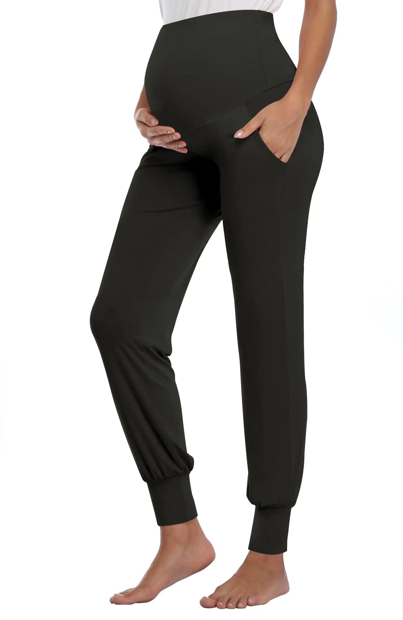 AMPOSH Women's Maternity Pants Stretchy Lounge Workout Pants Casual Loose Comfy Pregnancy Joggers with Pockets Small Black/Black - Evallys.com