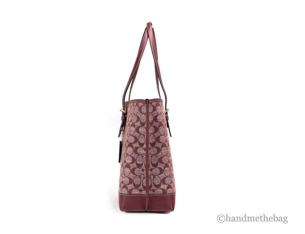 Coach Mollie Wine Signature Denim Chambray Canvas Leather Tote - Evallys.com # #