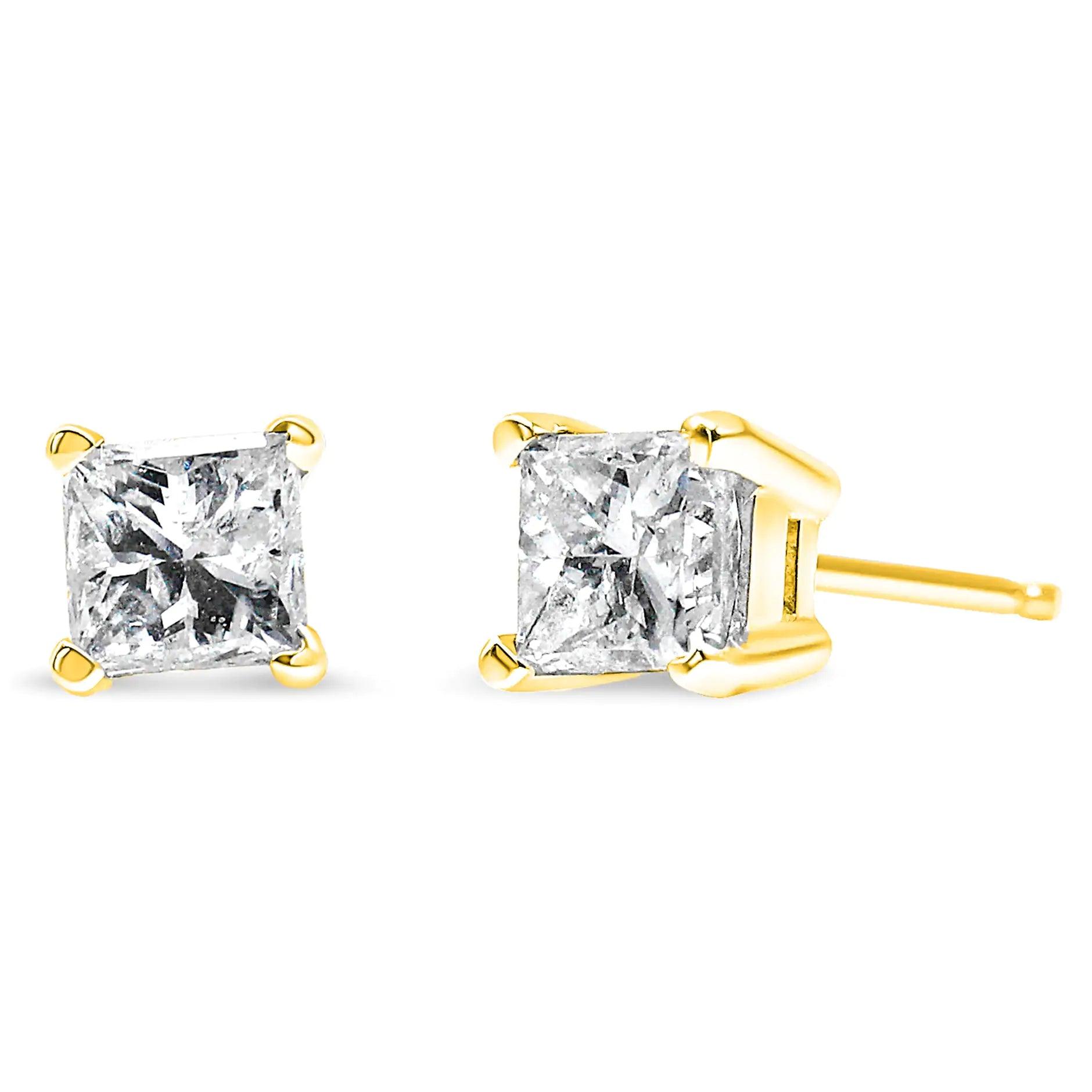 10K Yellow Gold 3/4 Cttw Princess-Cut Square Near Colorless Diamond Classic 4-Prong Solitaire Stud Earrings (J-K Color, I2-I3 Clarity) - Evallys.com # #