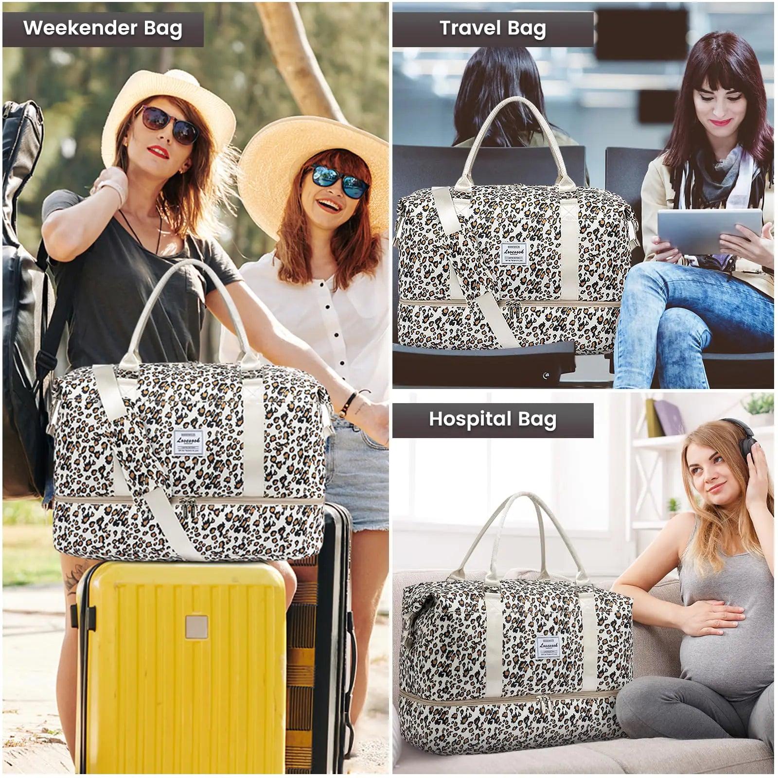 LOVEVOOK Travel Duffle Bag,Weekender Bags for Women with Shoe Compartment，Carry on Overnight Bag with Toiletry Bag,Gym Duffel Bag with Wet Pocket, Hospital Bags for Labor and Delivery Large-2 Pcs Leopard print-b - Evallys.com # #