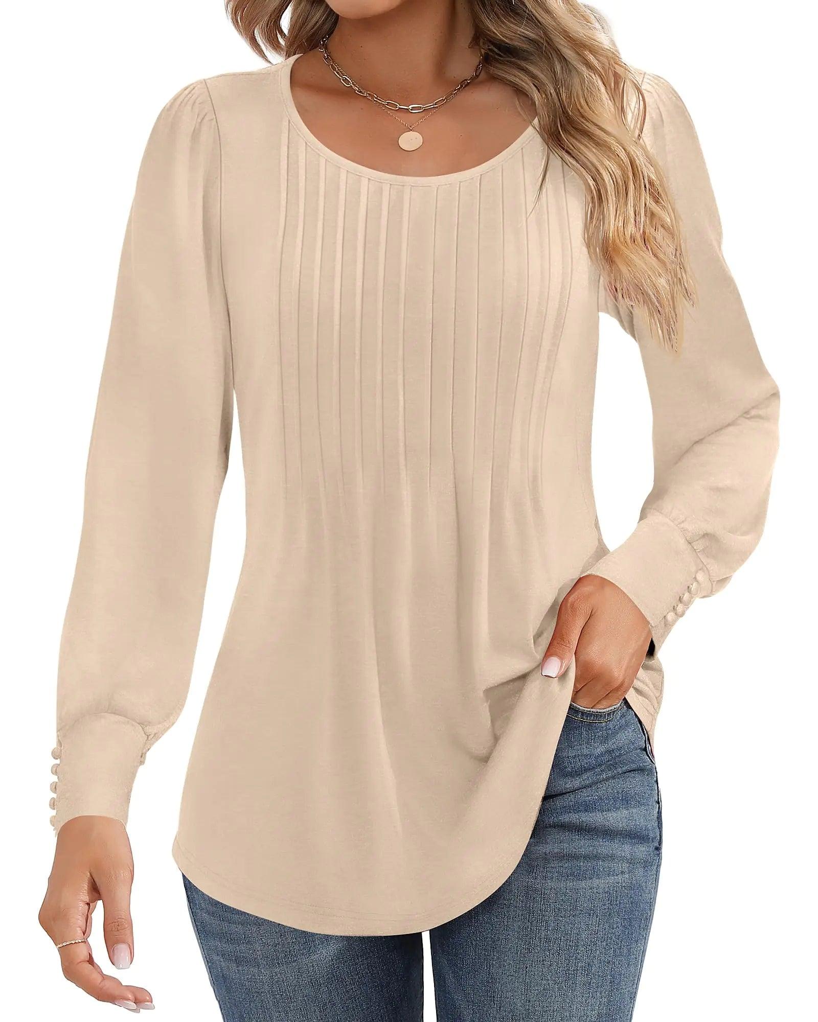 Ficerd Women's Puff Long Sleeve Tunic Tops Pleated Crew Neck Blouses Dressy Casual Loose Fit Fall and Winter Shirts Pink Floral Large - Evallys.com