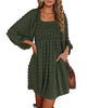 BTFBM Women Square Neck Smocked Dresses 2024 Summer Fall Long Sleeve Floral Swiss Dot Ruffle Party Mini Boho Dress Swiss Dot Army Green Small - Evallys.com