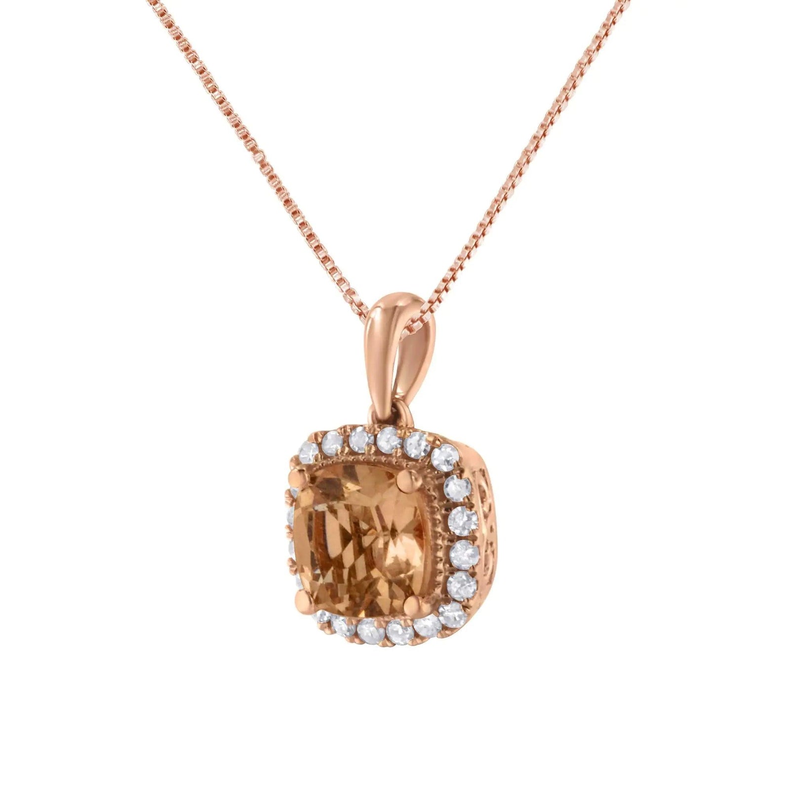 10K Rose Gold 1/4ct Diamond and 8MM Peach Morganite Gemstone Square Pendant (H-I, I1-I2) - Evallys.com # #