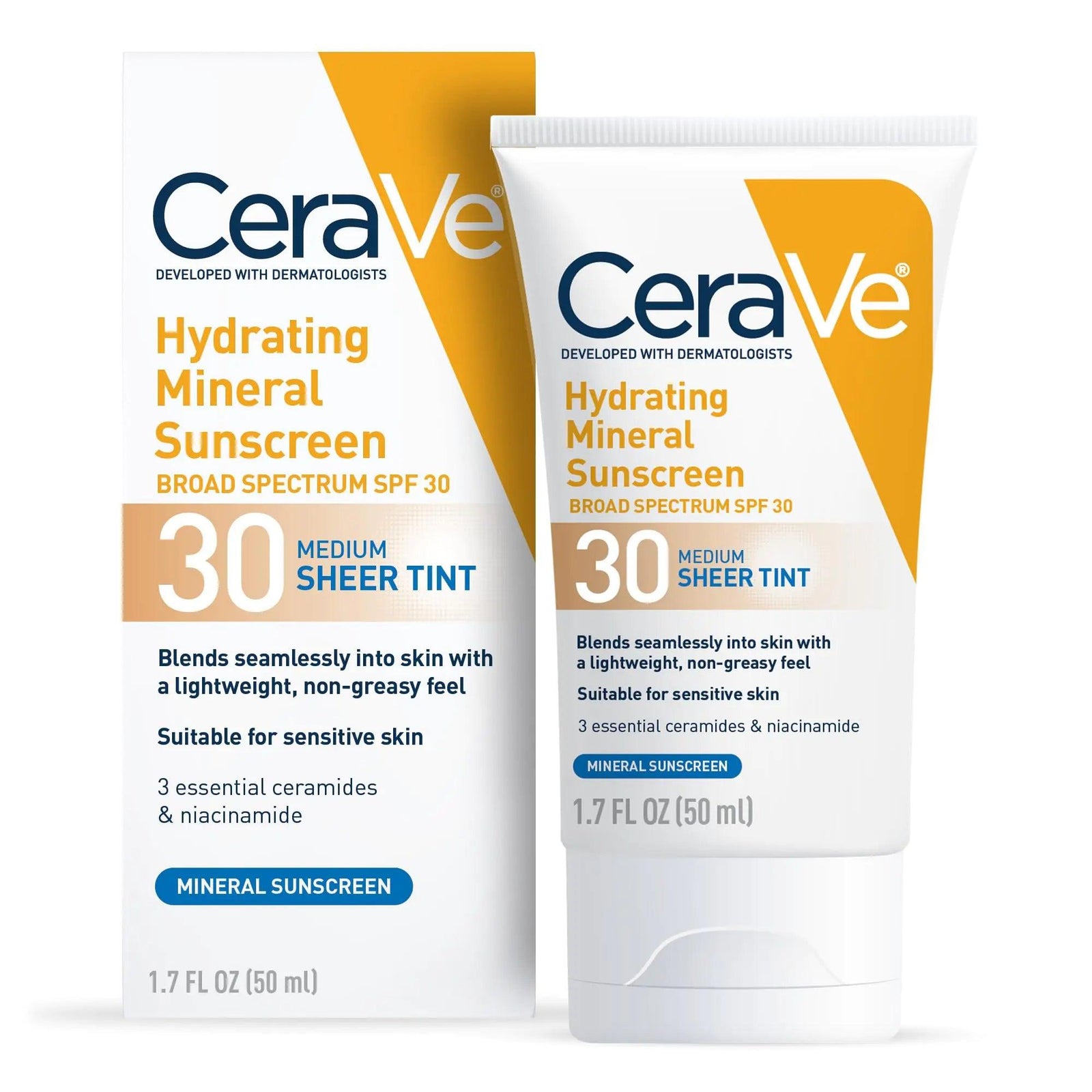 CeraVe Hydrating Mineral Sunscreen SPF 30 with Sheer Tint | Tinted Mineral Sunscreen with Zinc Oxide & Titanium Dioxide | Blends Seamlessly For Healthy Glow | Medium, 1.7 Fluid Ounce Fragrance Free - Evallys.com # #