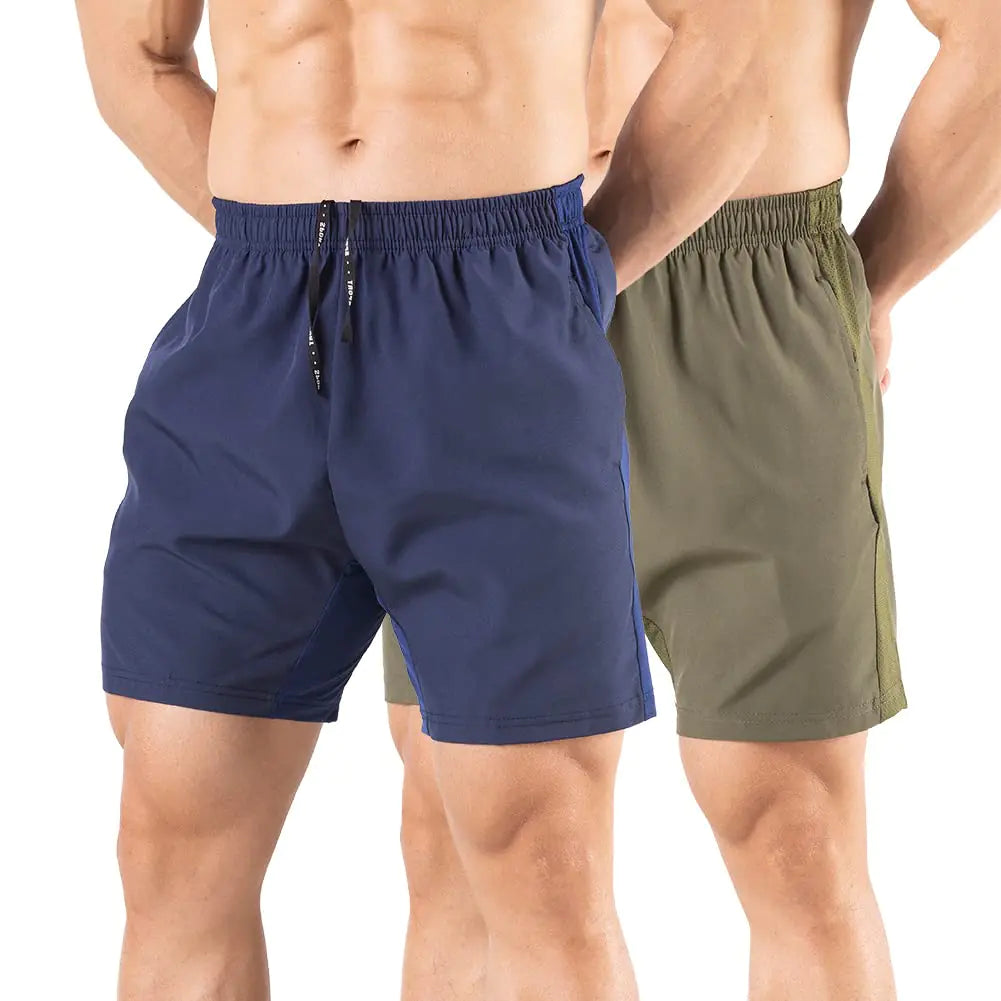 Men's 5" Running Shorts 2 Pack Quick Dry Athletic Workout Gym Shorts with Zipper Pockets Medium Navy/Green - Evallys.com # #