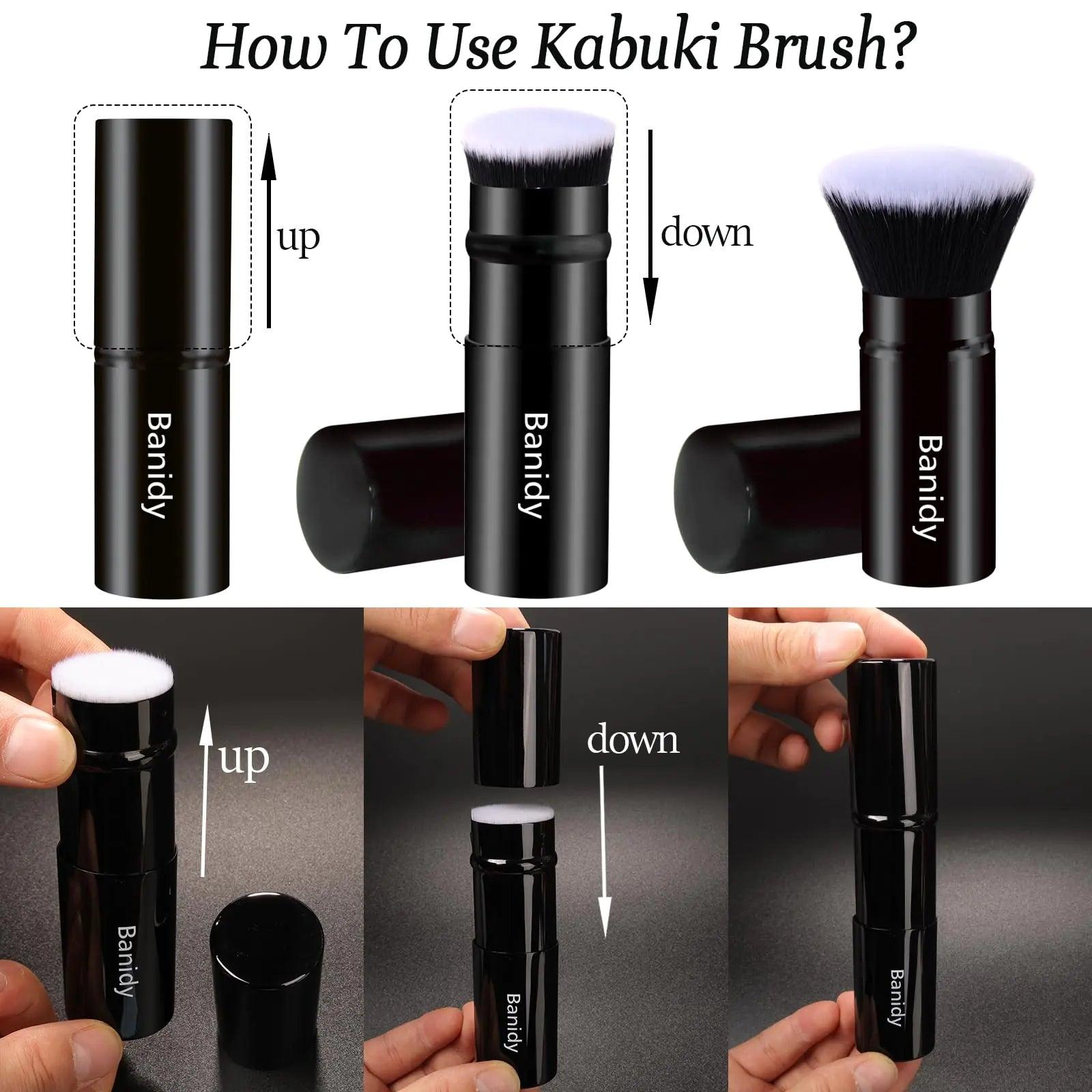 Makeup Brush Kabuki Face Brushes Retractable Travel Blush Brush Portable Flawless for Foundation, Powder Blush, Bronzer, Buffing, Liquid, Cream, Cruelty Free with Cover(Flat-Head) Flat-Head-Black - Evallys.com # #