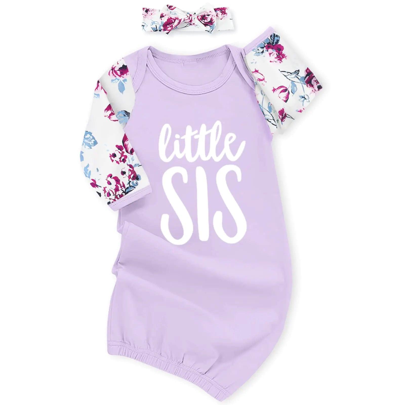 AMAWMW Newborn Baby Girl Little Sister Sleeper Gown Stripe Long Sleeve Nightgown Pajamas Gifts Stuff Essential Outfit A Purple Flower Sleeve 0-6 Months - Evallys.com # #