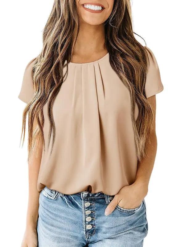 Dokotoo Women's Casual Round Neck Basic Pleated Tops Short Sleeve Loose Fit Curved Keyhole Back Chiffon Blouses Tshirts Large Smoke Gray - Evallys.com # #