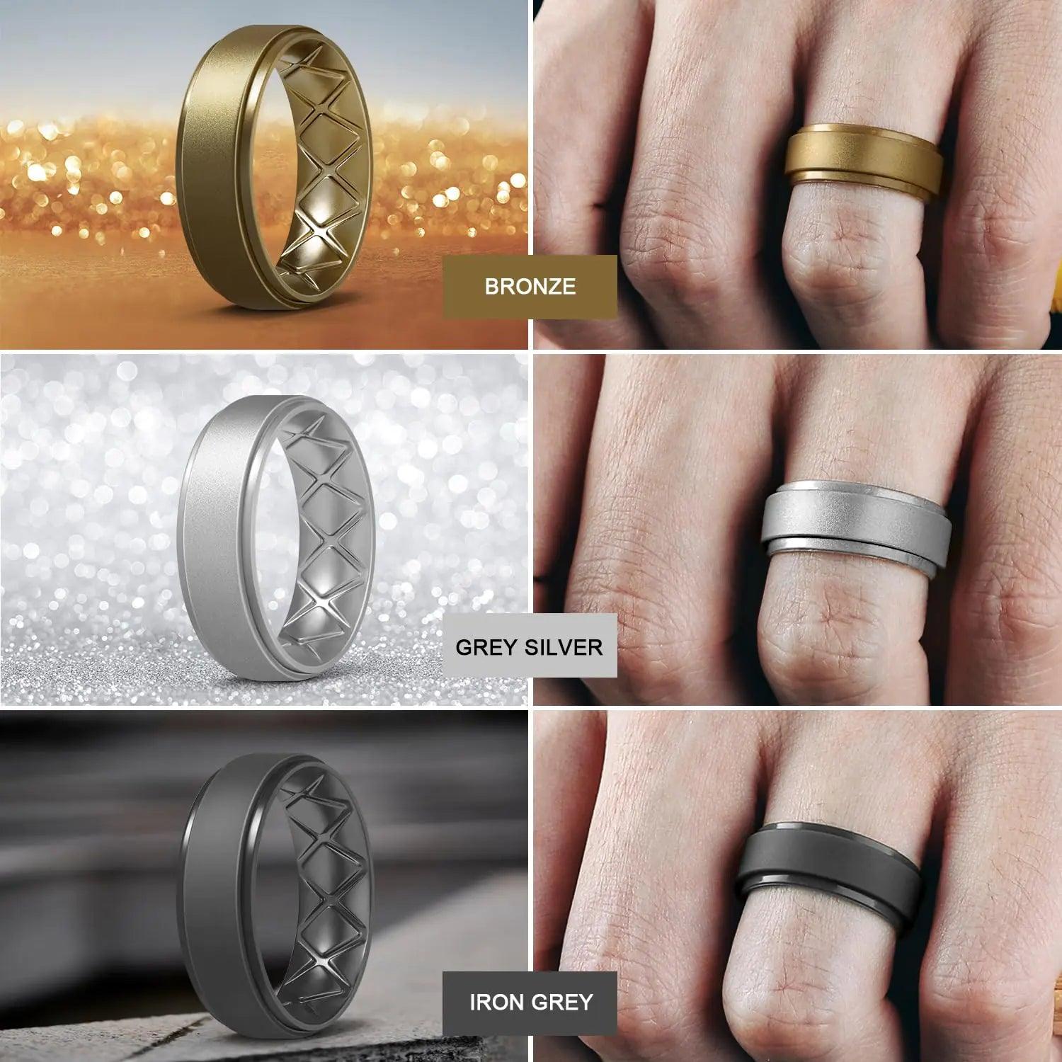 Egnaro Inner Arc Ergonomic Breathable Design, Silicone Rings Mens with Half Sizes, 7 Rings / 4 Rings / 1 Ring Rubber Wedding Bands, 8.5mm Wide-2mm Thick T17-Black, Metallic Silver, Black Gray, Bronze, Champagne Gold, Dark Brown, Light Brown - Evallys.com # #