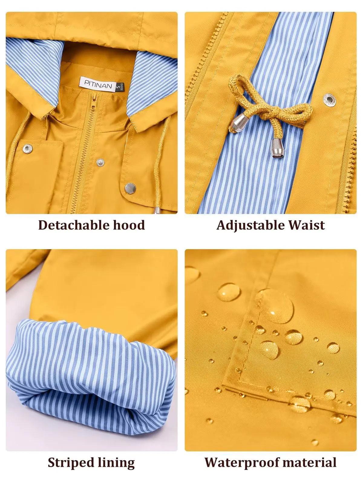 PITINAN Rain Jackets For Women Waterproof Rain Coats with Hood Lightweight Windbreaker Outdoor Trench Coat Medium Yellow - Evallys.com # #