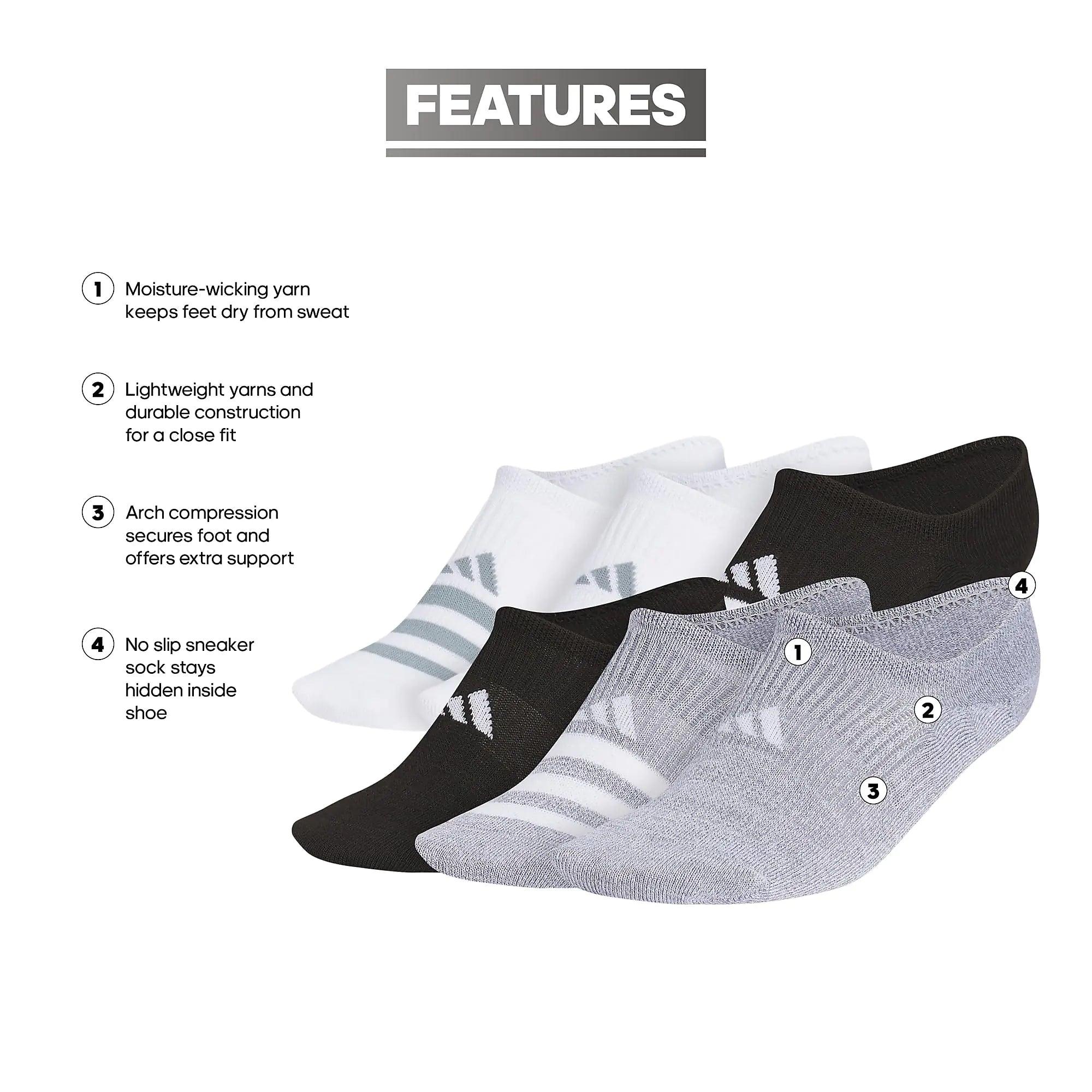 adidas Women's Superlite 3.0 Super No Show Athletic Socks Ultra Low-Profile with Targeted Cushion (6 Pairs) Medium White/Black/Grey - Evallys.com # #