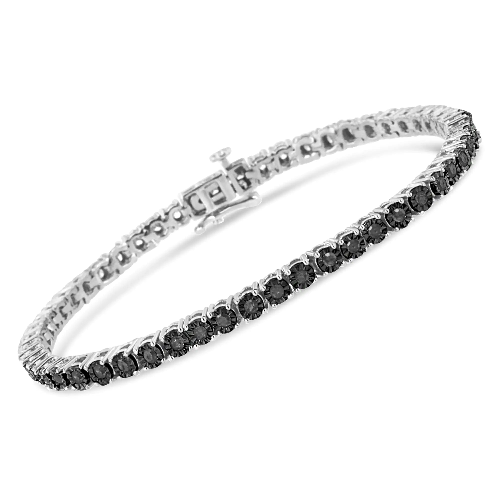 .925 Sterling Silver 1.0 Cttw Miracle-Set Treated Black Diamond Round Miracle Plate Tennis Bracelet (Black Color, I3 Clarity) - 7.25" - Evallys.com # #