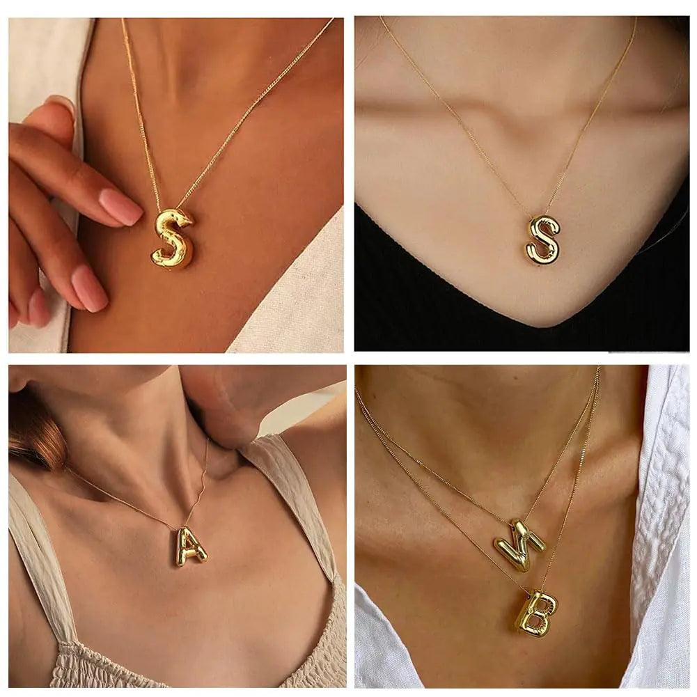 14K Gold Plated Initial Necklaces | Chunky Bubble Letter Pendant Necklace for Women Trendy | Gifts for Women Teens Friends T-Gold - Evallys.com # #