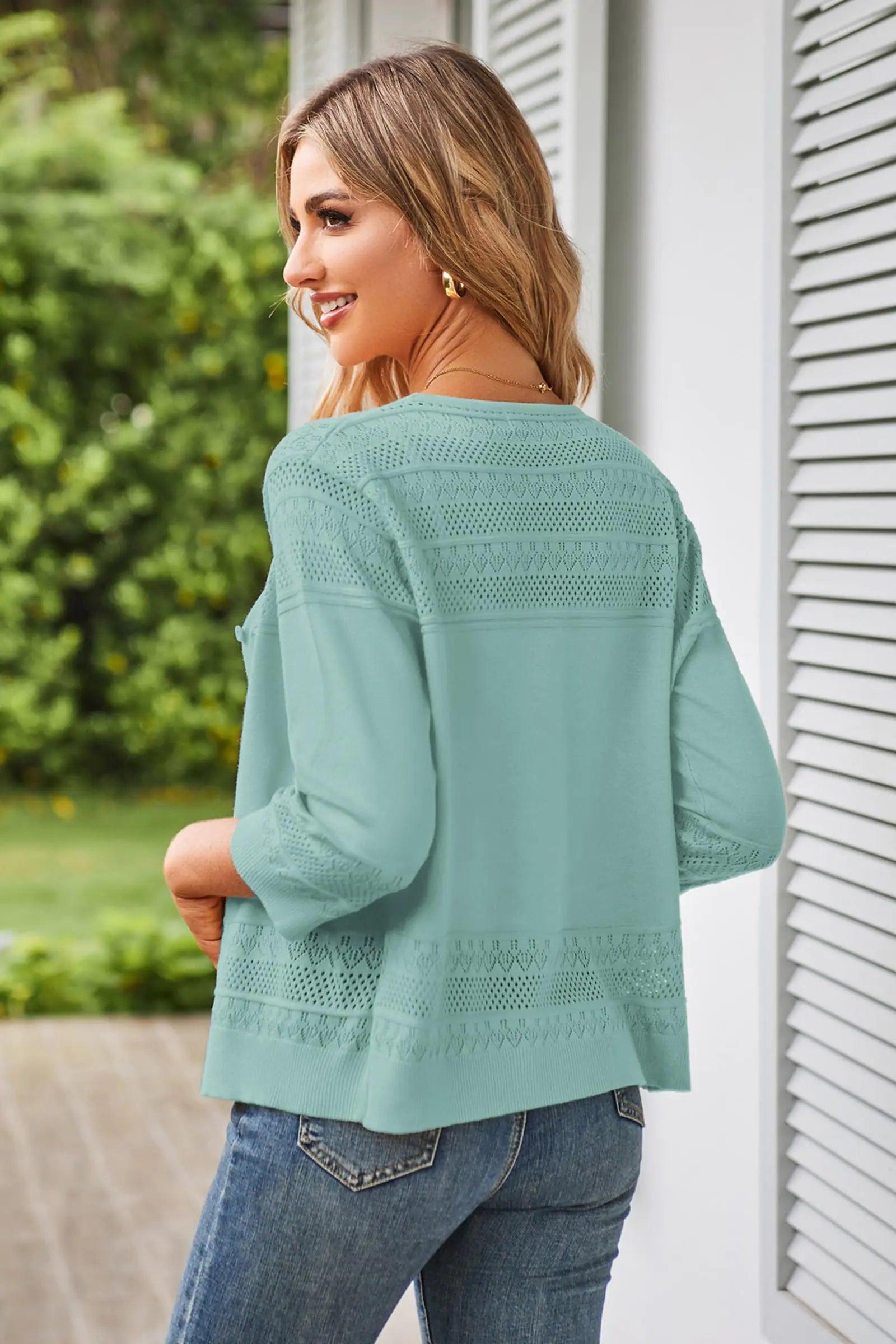 GRACE KARIN Women's 2024 Cropped Cardigan 3/4 Sleeve Lightweight Crochet Shrug Hollowed-Out Knit Sweater Tops XX-Large Mist Blue - Evallys.com # #