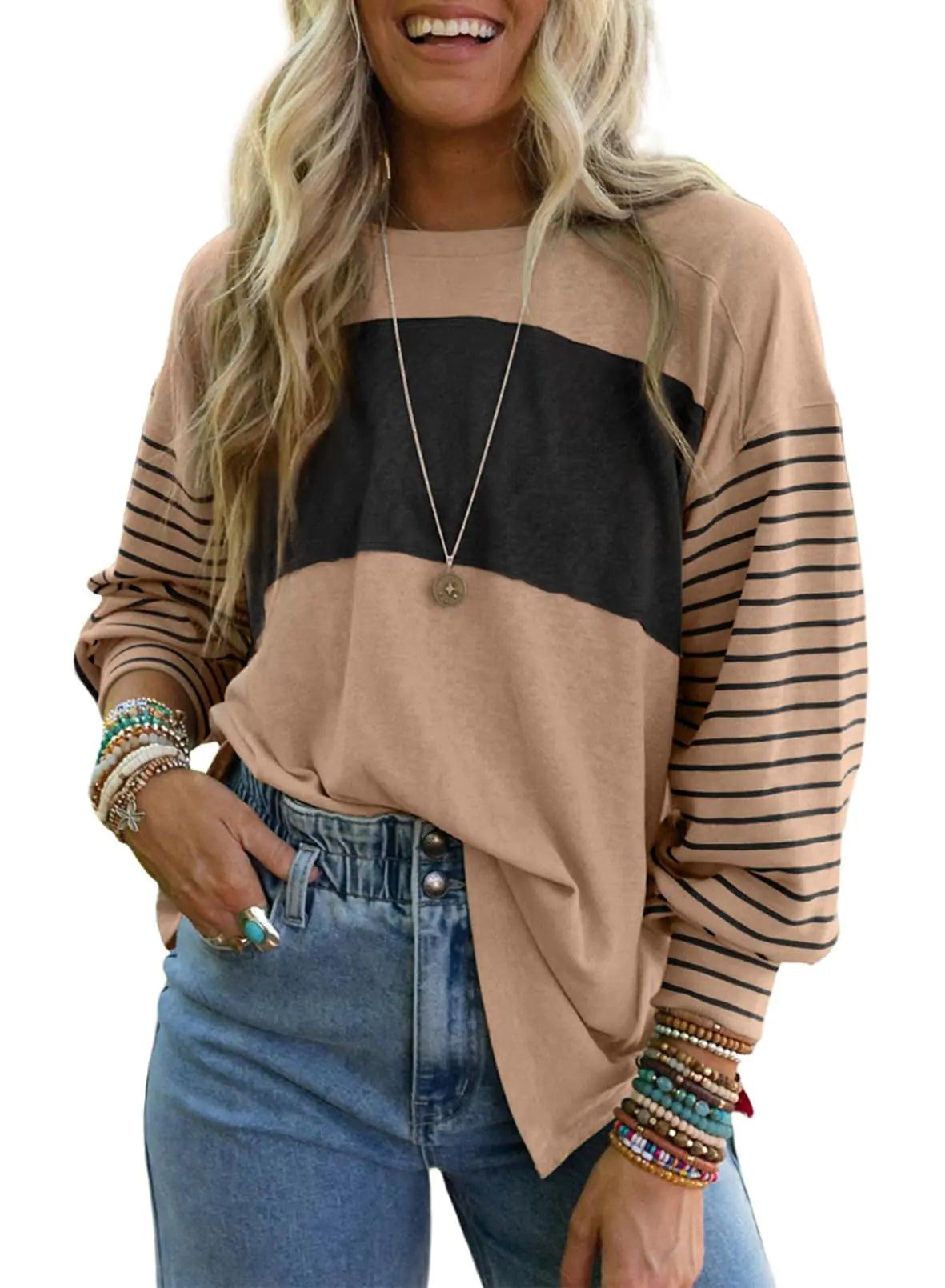 Dokotoo Long Sleeve Fall Tops Oversized 2024 Trendy Round Crew Neck Casual Color Block Womens Shirts Blouses Smoke Gray XX-Large - Evallys.com # #