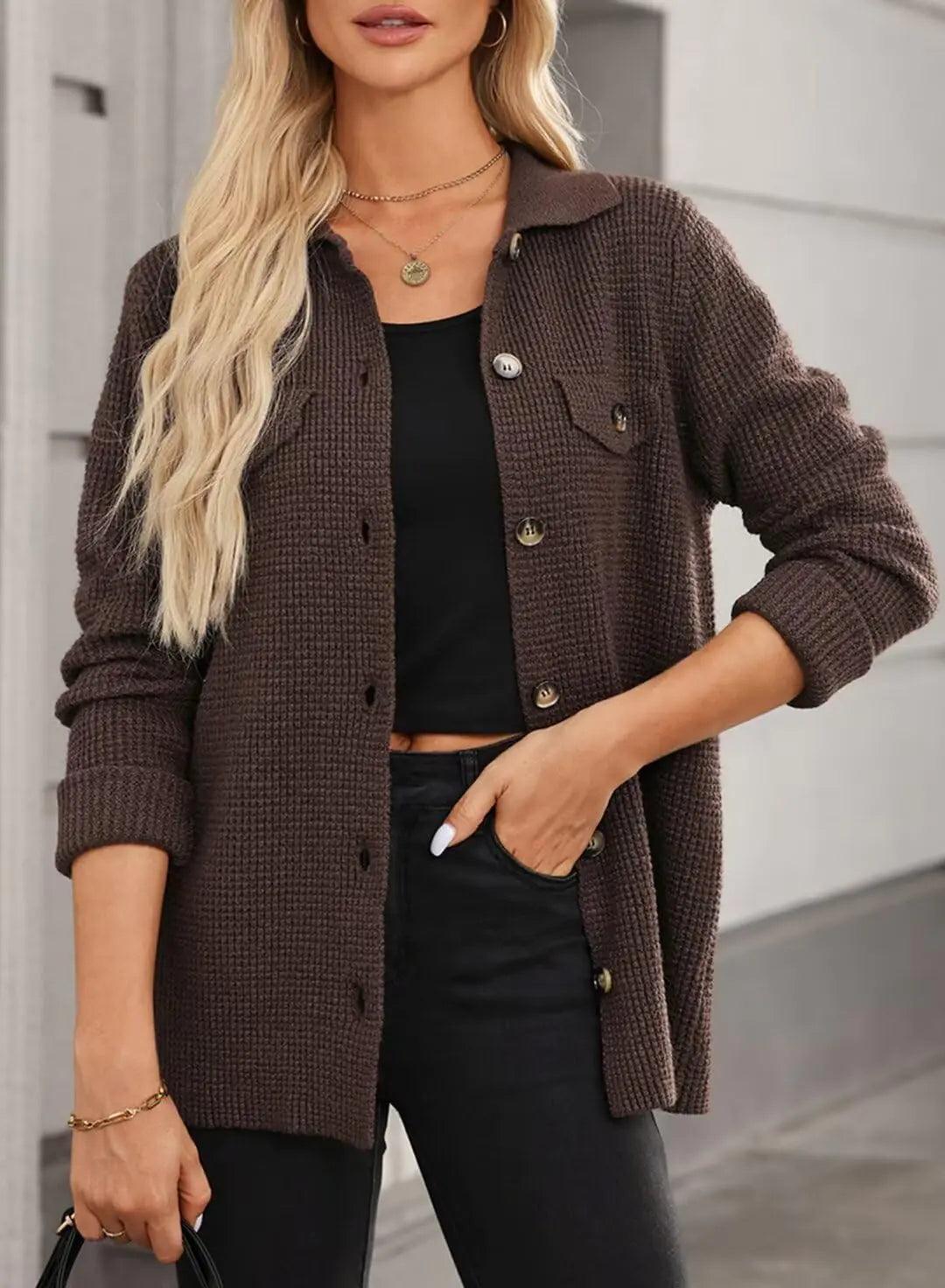 Astylish Women 2024 Waffle Knit Shacket Jacket Casual Long Sleeve Sweater Button Down Shirts Dressy Blouse Top Large Coffee - Evallys.com # #