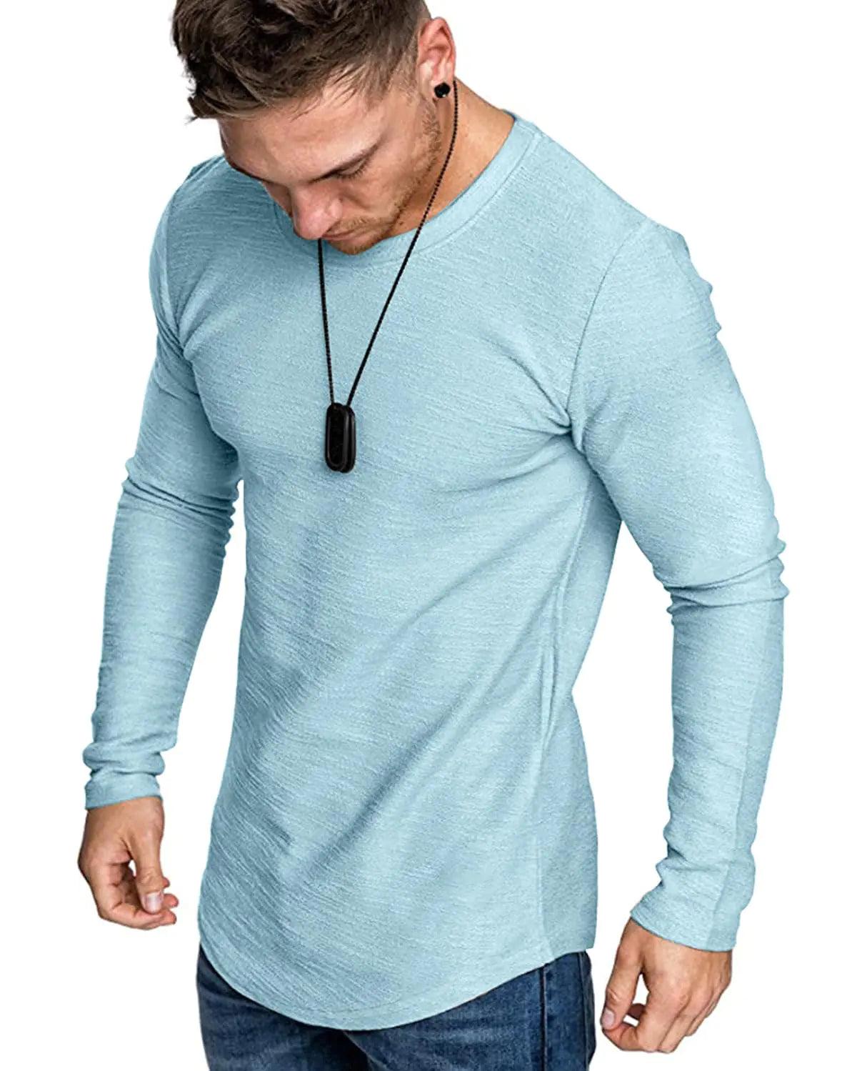 Fashion Mens T Shirt Muscle Gym Workout Athletic Shirt Cotton Tee Shirt Top Skyblue-long Small - Evallys.com # #