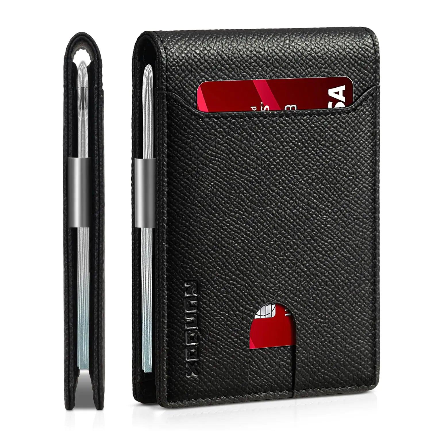 RUNBOX Slim Wallets for Men - Leather Money Clip Mens Wallet - RFID Blocking Front Pocket Bifold Wallet - Thin Credit Card Holder with Gift Box palm grain black - Evallys.com # #