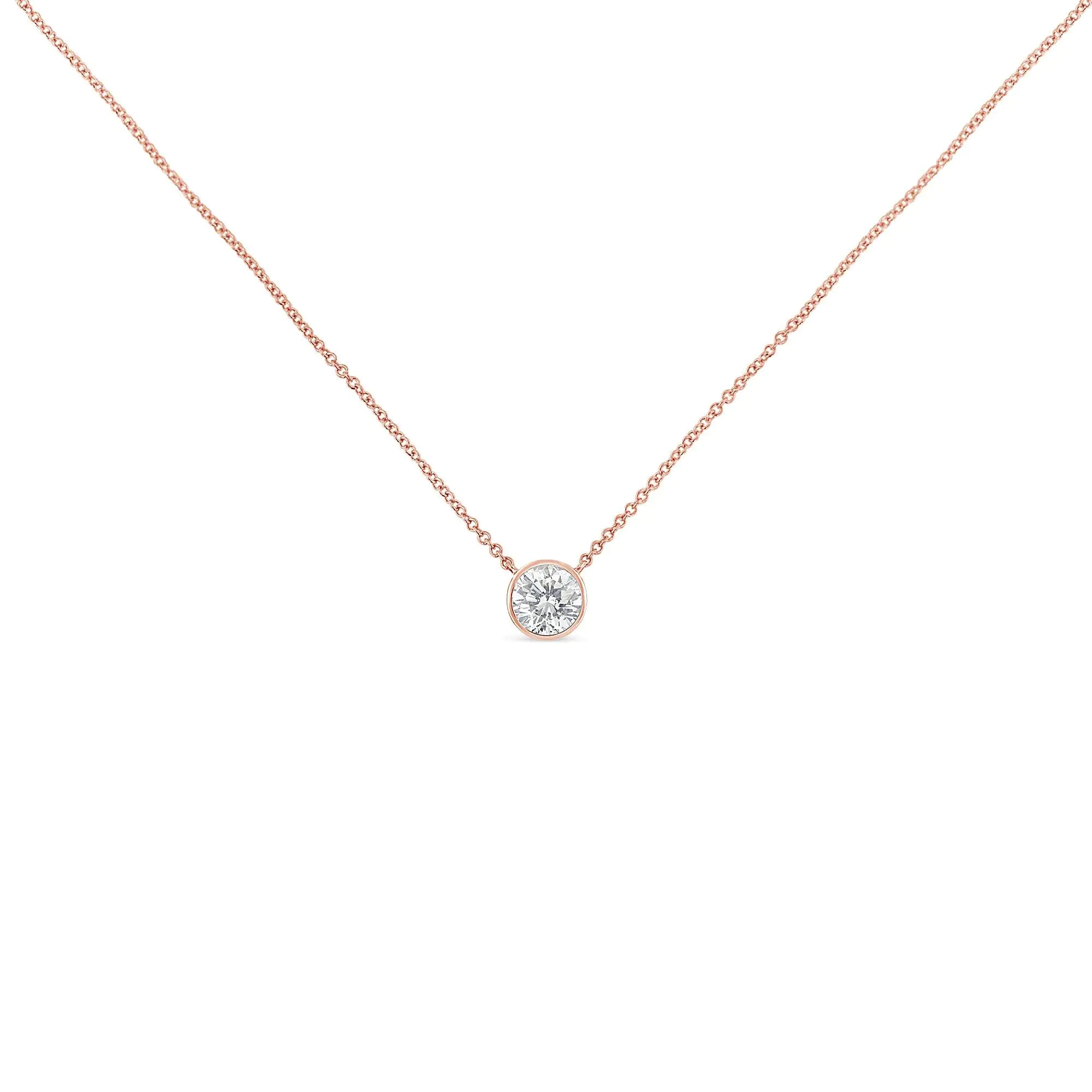 10K Rose Gold 1/5 Carat Round Brilliant-Cut Diamond Modern Bezel-Set Solitaire 16"-18" Pendant Necklace (H-I Color, SI2-I1 Clarity) - Evallys.com # #