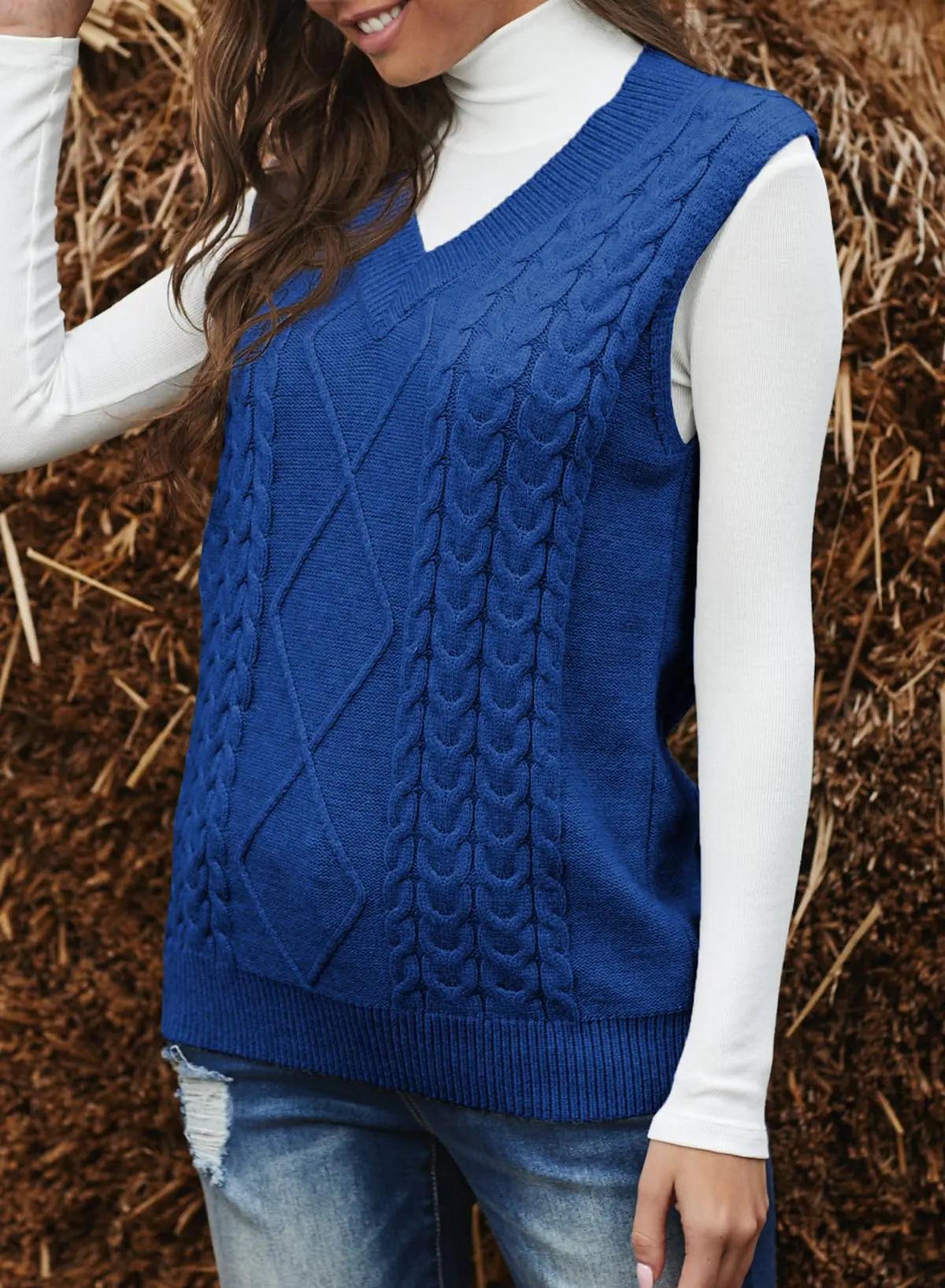 EVALESS Oversized Sweater Vest for Women V Neck Sleeveless Solid Color Loose Pullover Sweater Small C1 Blue - Evallys.com # #