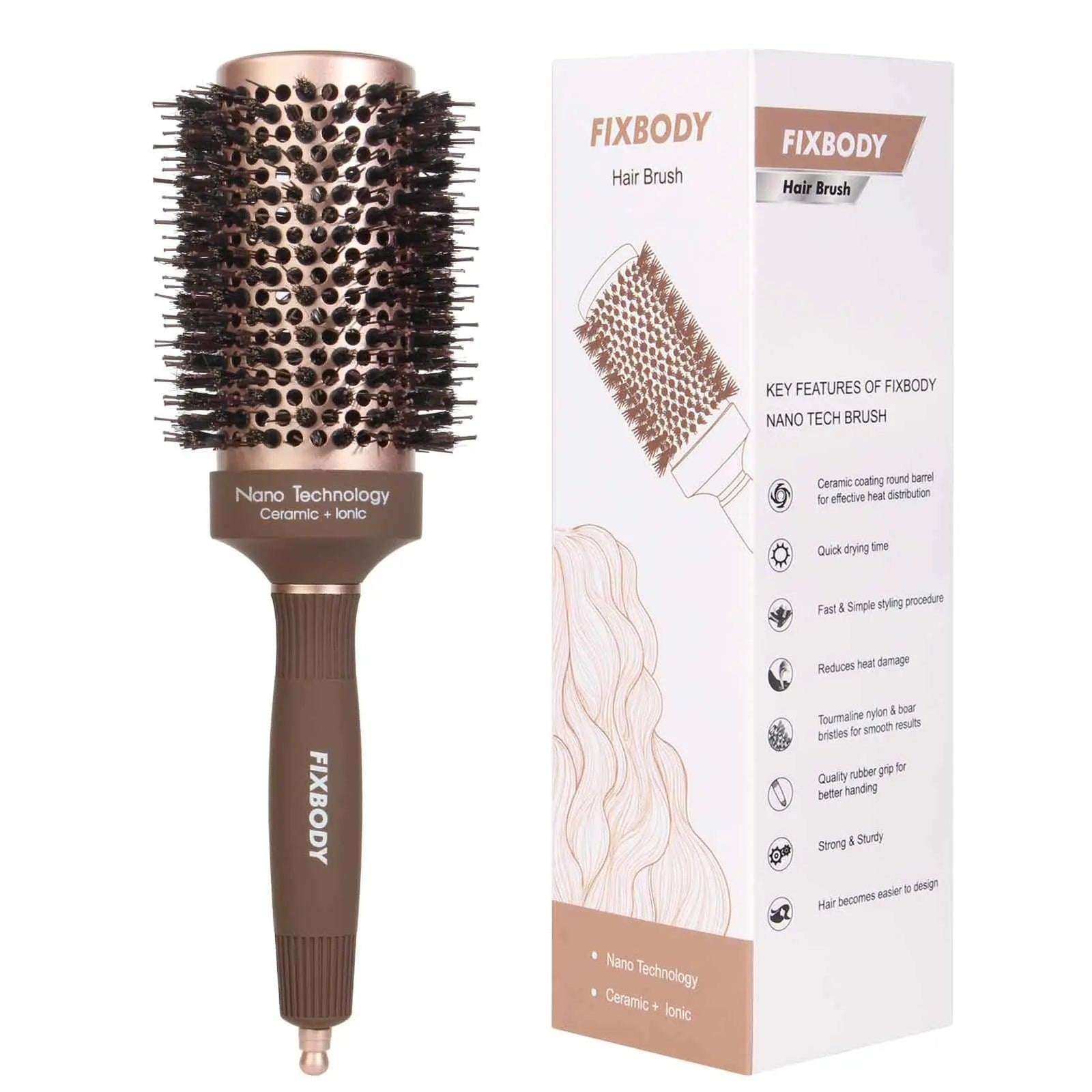 FIXBODY Hair Brush, Round Brush for Blow Drying, Curling, Styling, Nano Thermal Ceramic & Ionic Tech, Boar Bristle, 3.3 inch, 2 inch Barrel, for Women, Volume & Shine, Brown, Hair Brush for Thick Hair 3.3 Inch (Pack of 1) - Evallys.com # #