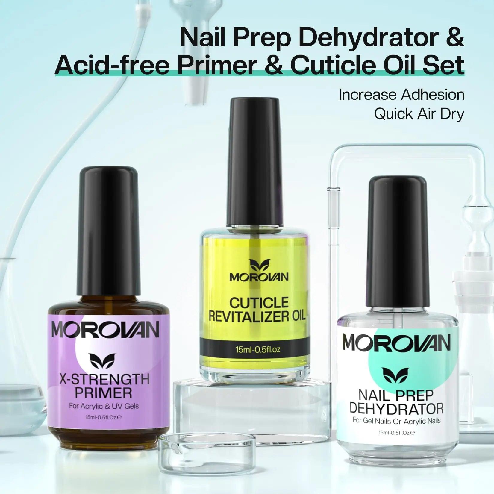 Morovan Nail Dehydrator and Primer with Cuticle Oil Set - Professional Nail Prep Dehydrator and Primer Set Long Lasting X-Strength Acid-Free Nail Primer for Acrylic Nails ＆ Gel Nails for Beginner - Evallys.com # #