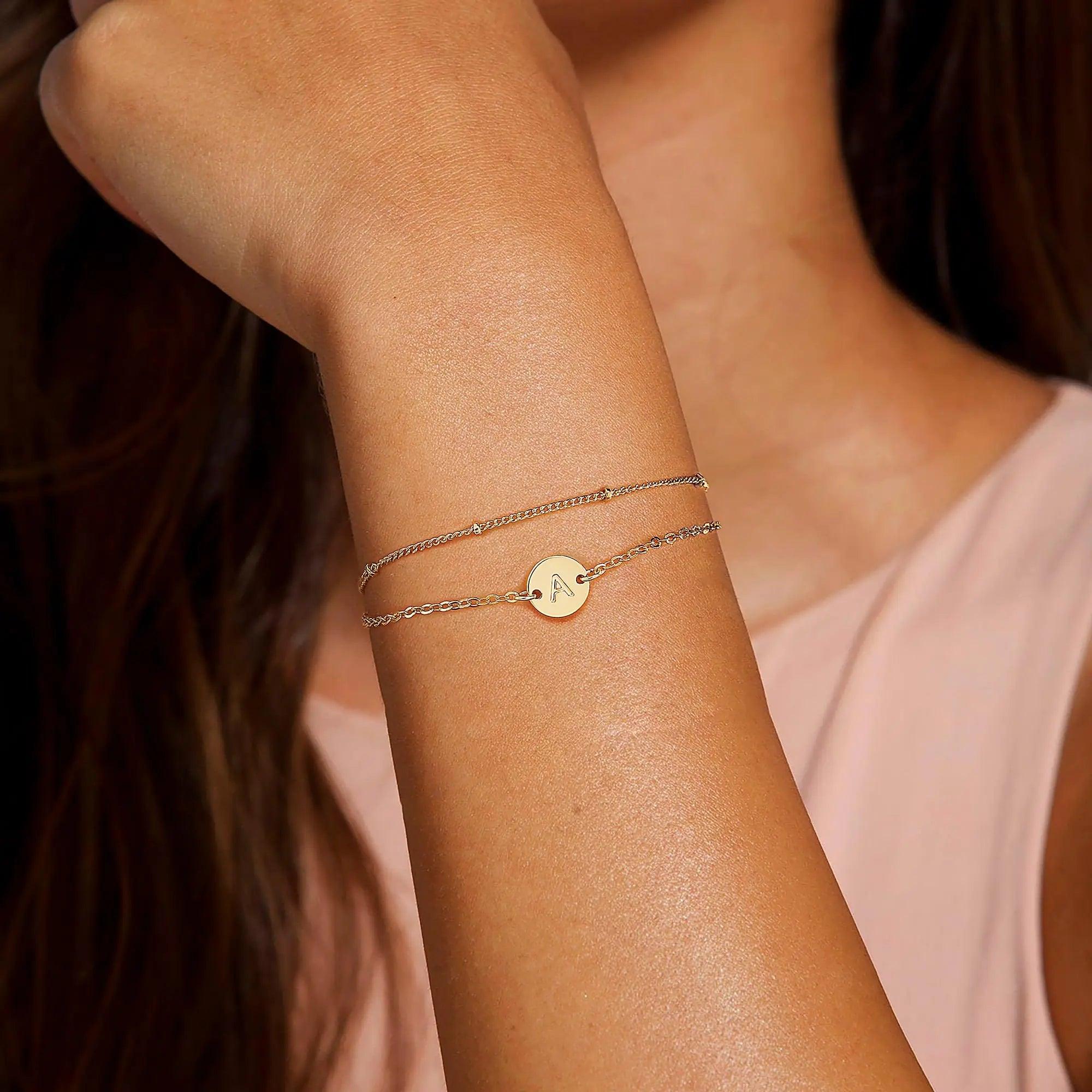 MONOZO Gold Initial Bracelets for Women Trendy - Dainty 18K Gold Plated Layered Beaded Letter Initial Bracelet Personalized Disc Monogram Bracelet Gold Bracelets for Women Jewelry Gifts Trendy Stuff Y - Evallys.com # #