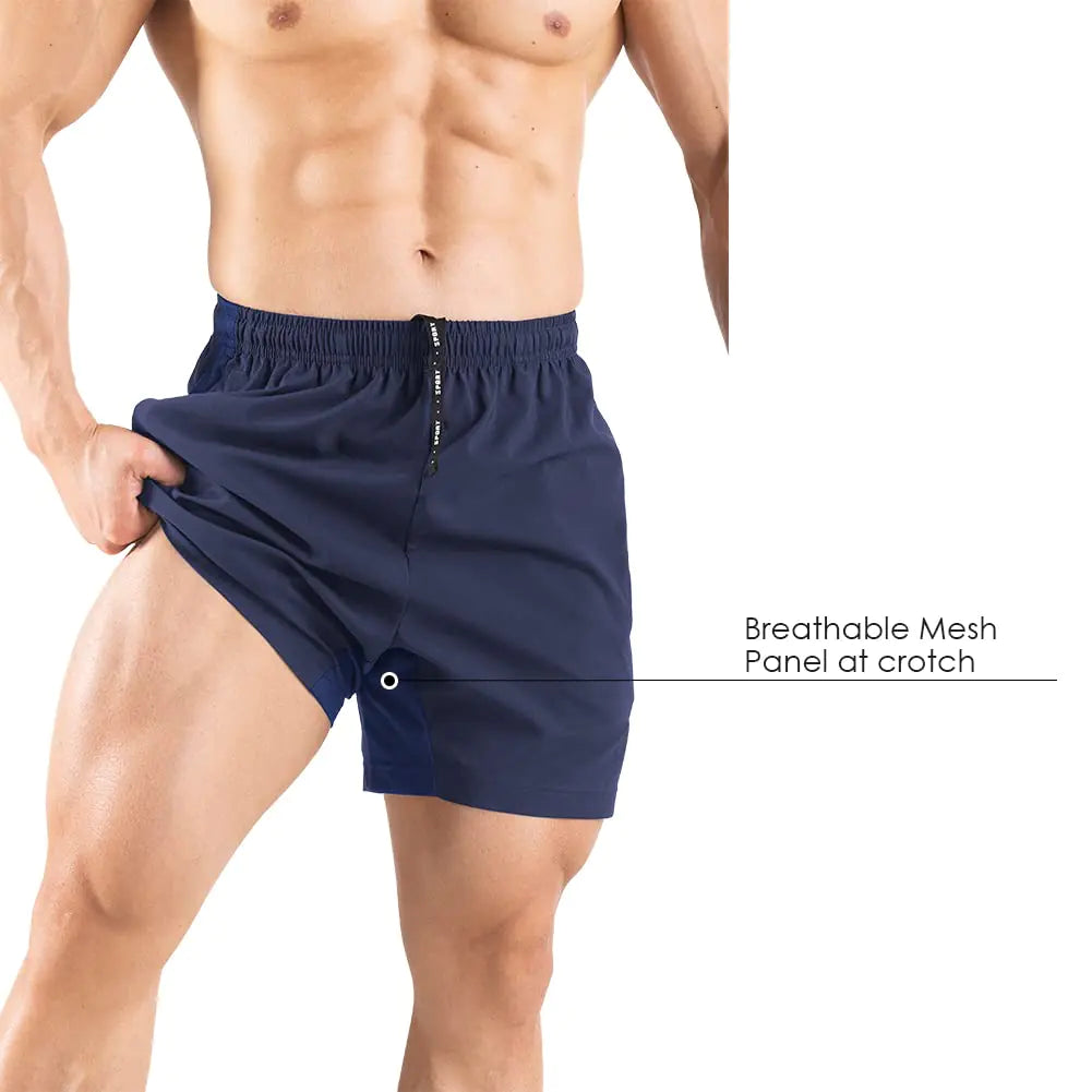 Men's 5" Running Shorts 2 Pack Quick Dry Athletic Workout Gym Shorts with Zipper Pockets Medium Navy/Green - Evallys.com # #