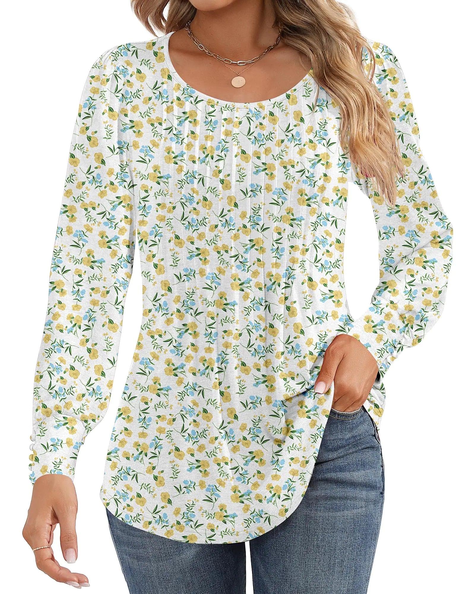 Ficerd Women's Puff Long Sleeve Tunic Tops Pleated Crew Neck Blouses Dressy Casual Loose Fit Fall and Winter Shirts Pink Floral Large - Evallys.com