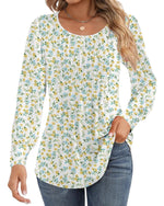 Ficerd Women's Puff Long Sleeve Tunic Tops Pleated Crew Neck Blouses Dressy Casual Loose Fit Fall and Winter Shirts Pink Floral Large - Evallys.com
