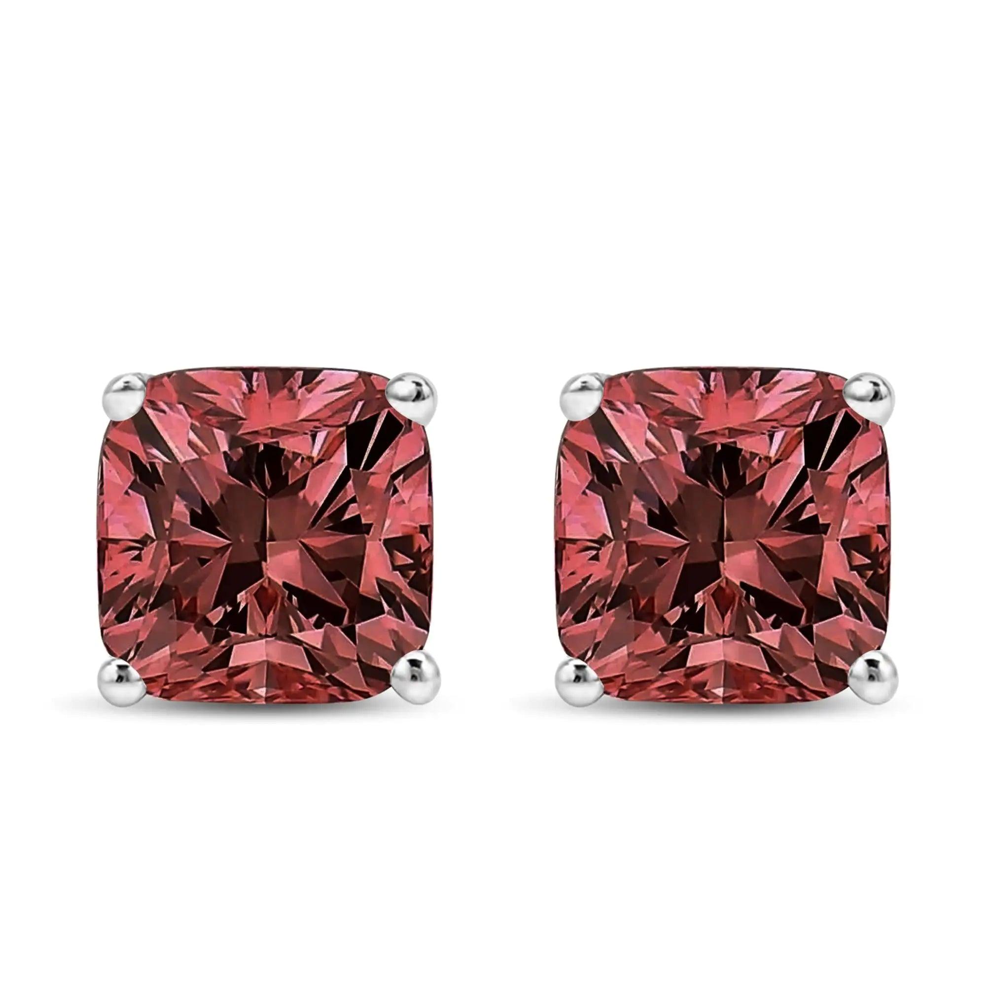 14K White Gold Lab Grown Pink Cushion 4-Prong Set Classic Diamond Solitaire Stud Earrings (Pink Color, VS1-VS2 Clarity) - Evallys.com # #