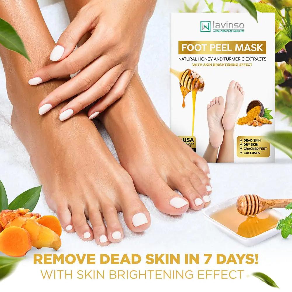 Lavinso Honey Feet Peeling Mask for Dry Cracked Feet - 4 Pack - with Kojic Acid Skin Brightening Effect - Exfoliating Dead Skin and Calluses - Foot Peel Mask for Baby Soft Feet Honey and Turmeric 1 Count (Pack of 4) - Evallys.com # #