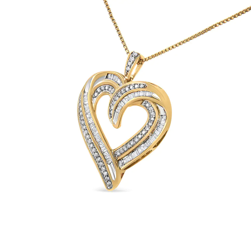 .925 Sterling Silver 3/4 Cttw Round and Baguette-Cut Diamond Open Heart 18" Pendant Necklace (I-J Color, I2-I3 Clarity) - Evallys.com # #