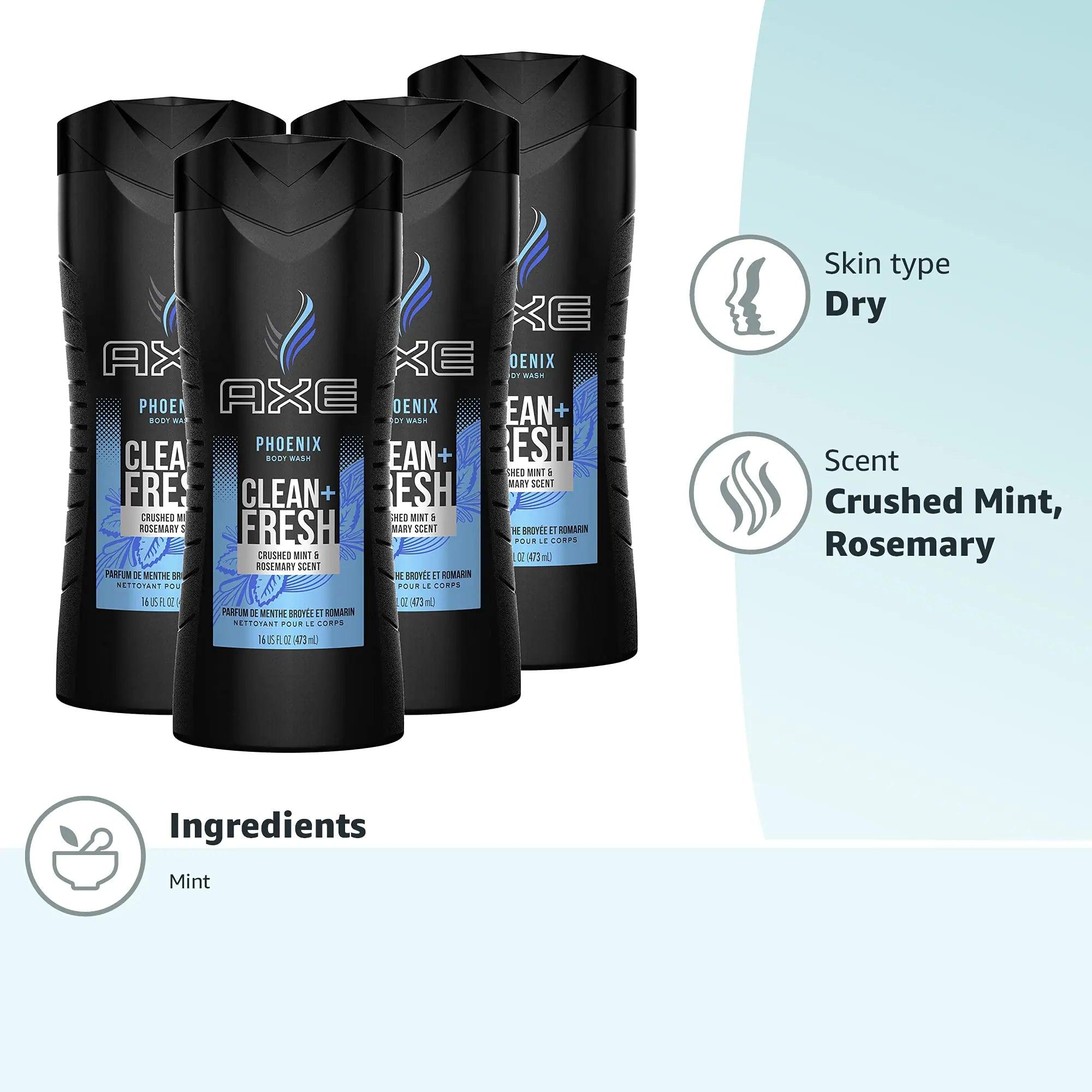 AXE Body Wash Phoenix 12h Refreshing Scent Crushed Mint & Rosemary 4 count Men's Body Wash with 100% Plant-Based Moisturizers 16 oz ocean sport 16 Fl Oz (Pack of 4) - Evallys.com # #