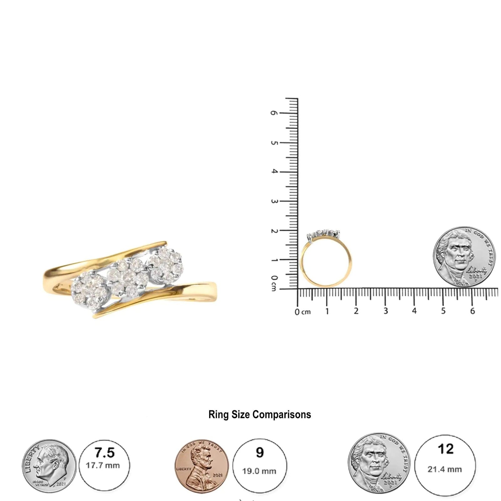 10K Yellow Gold 1/4 Cttw Diamond Cluster 3 Stone Style Bypass Ring (I-J Color, I1-I2 Clarity) - Evallys.com # #